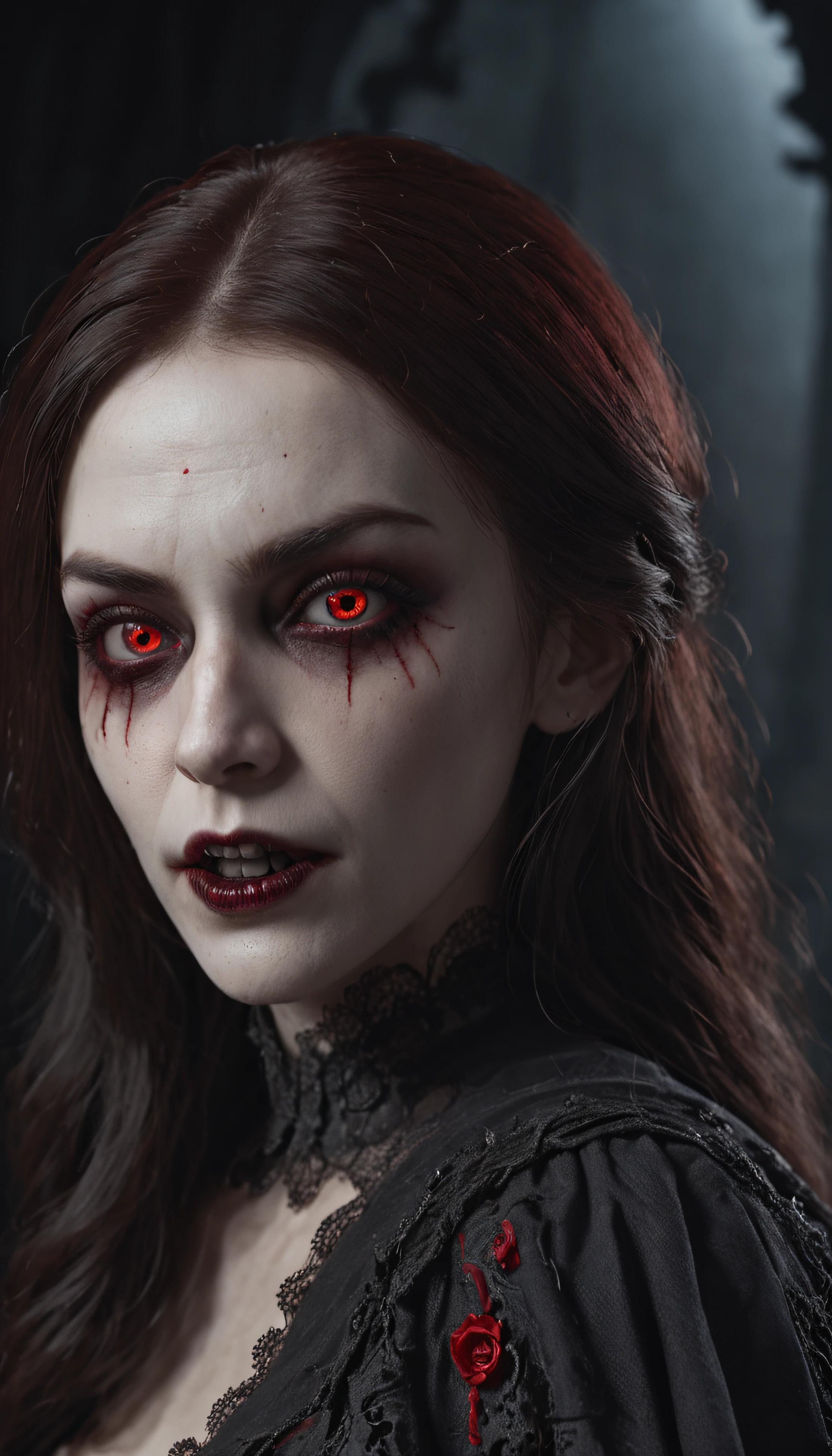 Masterpiece, highest quality, 8K HD, 1 vampire girl, Scary atmosphere, Gothic, open mouth, vampire teeth, Red eyes
,(masterpiece award winning , best quality:1. 2) , Christian Zombie Vampire, detailed face , grey eyes, cinematic , gloomy illumination, horror aesthetic, highly detailed environment, 16k, UHD, HDR, (Masterpiece:1. 5), (best quality:1. 5)