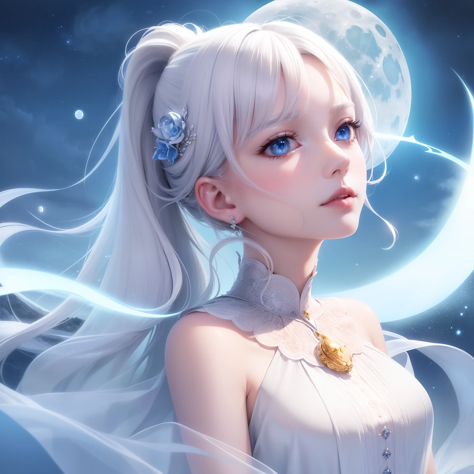masterpiece, (best quality:1.2), (ultra-detailed:1.2), illustration, (an extremely delicate and beautiful:1.2),cinematic angle,floating, (beautiful detailed eyes:1.1), (detailed light:1.1),cinematic lighting, beautifully detailed sky, women, white hair, blue eyes, (high ponytail:1.1), cloak, glowing eyes, (moon:1.2), (moonlight:1.1), starry sky, (lighting particle:1.1), fog, snow painting, sketch, bloom