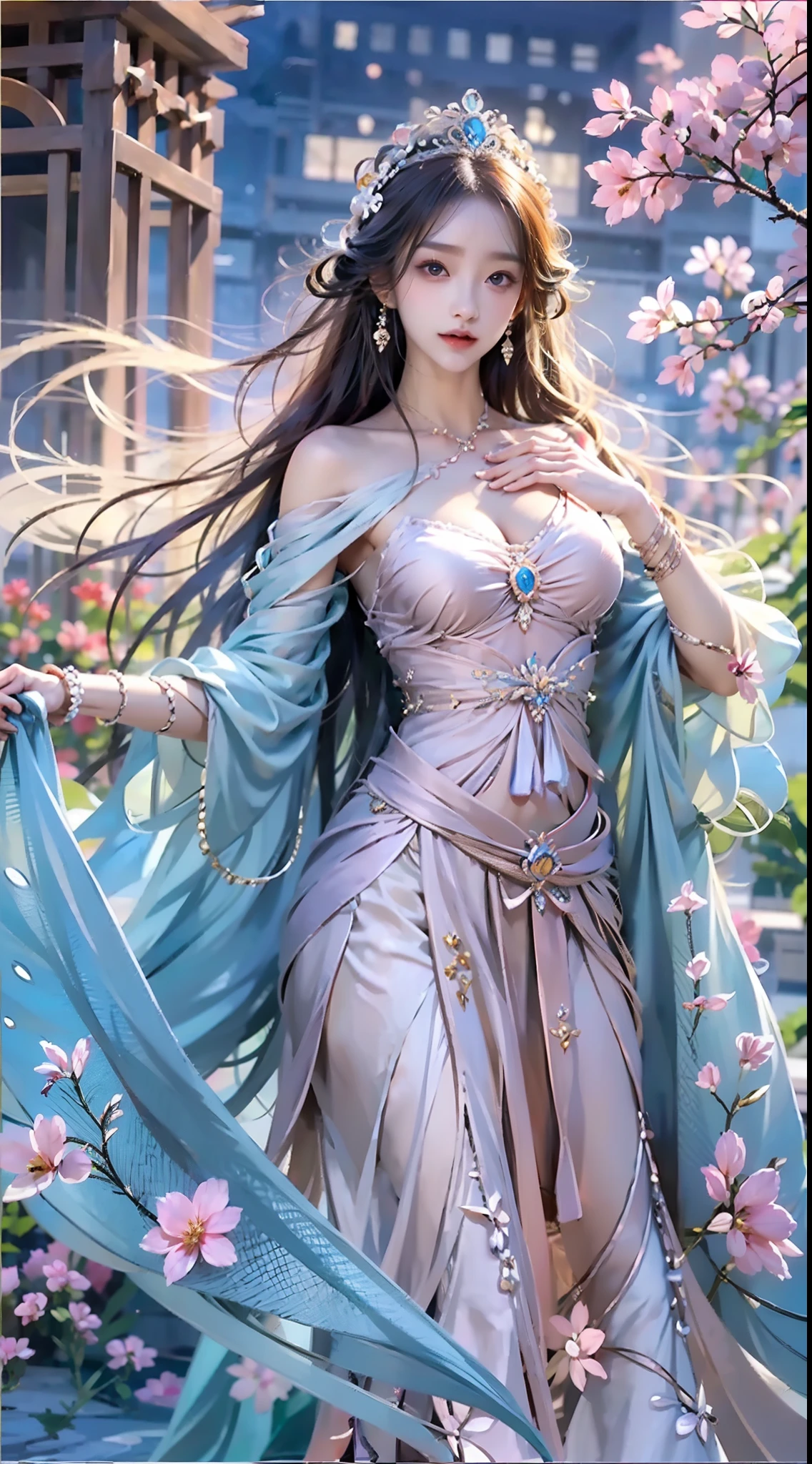 best qualtiy， tmasterpiece， 超高分辨率, Close-up of a woman in a blue-pink flowing gauze dress, close-up all over the body, sexy for, cropped shoulders, show legs, Beautiful teenage girl, a beautiful fantasy empress, Ethereal beauty, beautiful fantasy maiden, Beautiful goddess, ((a beautiful fantasy empress)), Ethereal fantasy, Detailed scenes, amazing pose, Eye-catching accessories, Picturesque