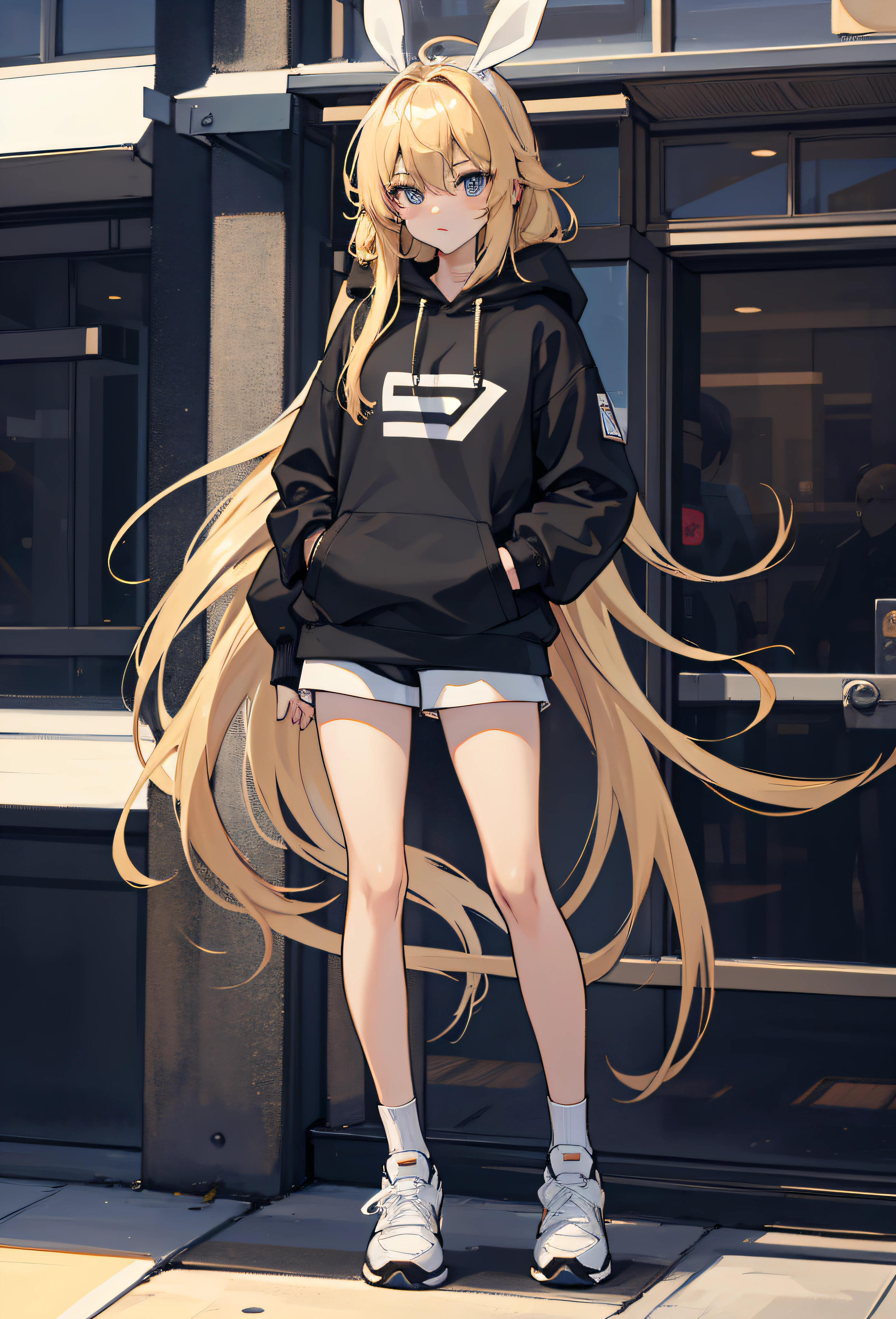 The camera is looking at a slight angle、full body,total body,standing,upright stance、top-quality、masuter piece、超A high resolution、8k、clear contour、Top image quality、top-quality、white backgrounid、long blonde hair, eyes black, Wearing a black hoodie over a white shirt、I'm wearing black shorts、Black stockings and sneakers that reach below the knee,