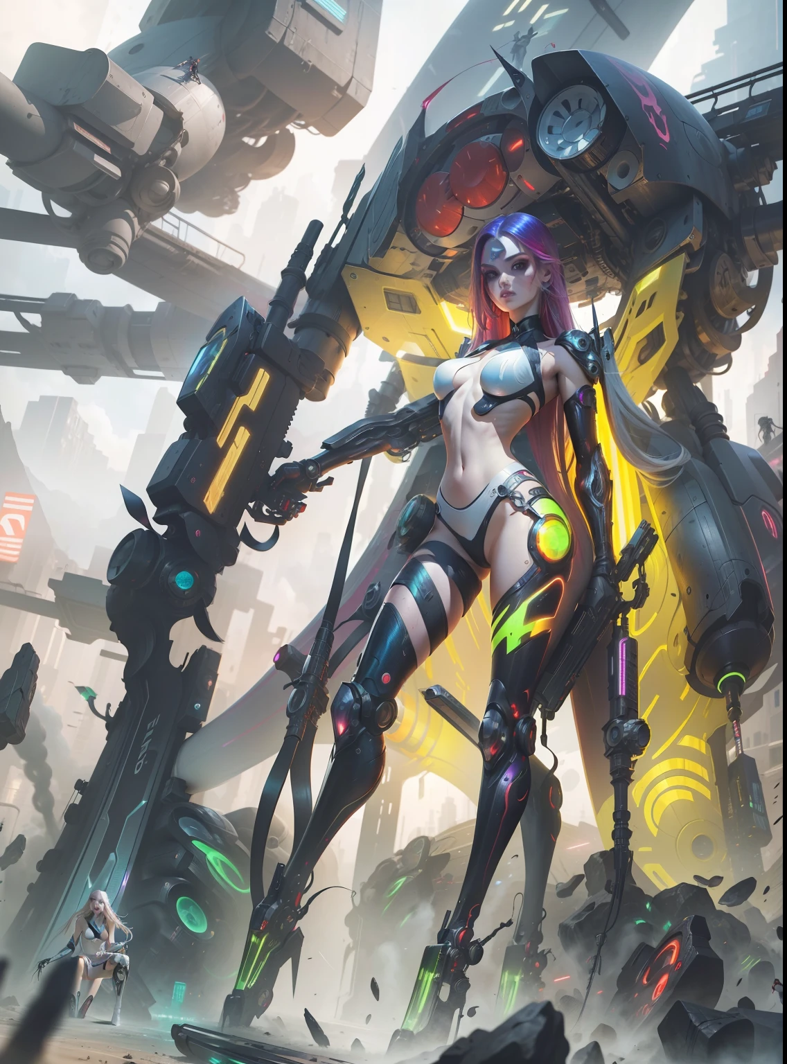 Masterpiece, Best Quality, Girls, Slender, Red Eyes, Hair Color, Iridescent, Cyberpunk, futuristic guns, Long Hair Spreading, White Skin, Medium, Cute, Sexy, Near Future, Bikini, Exposed Skin, Night, Psychedelic, Trip, Extreme Color, Paisley Theme, Open Legs, Mechanical Left Arm, Full Body