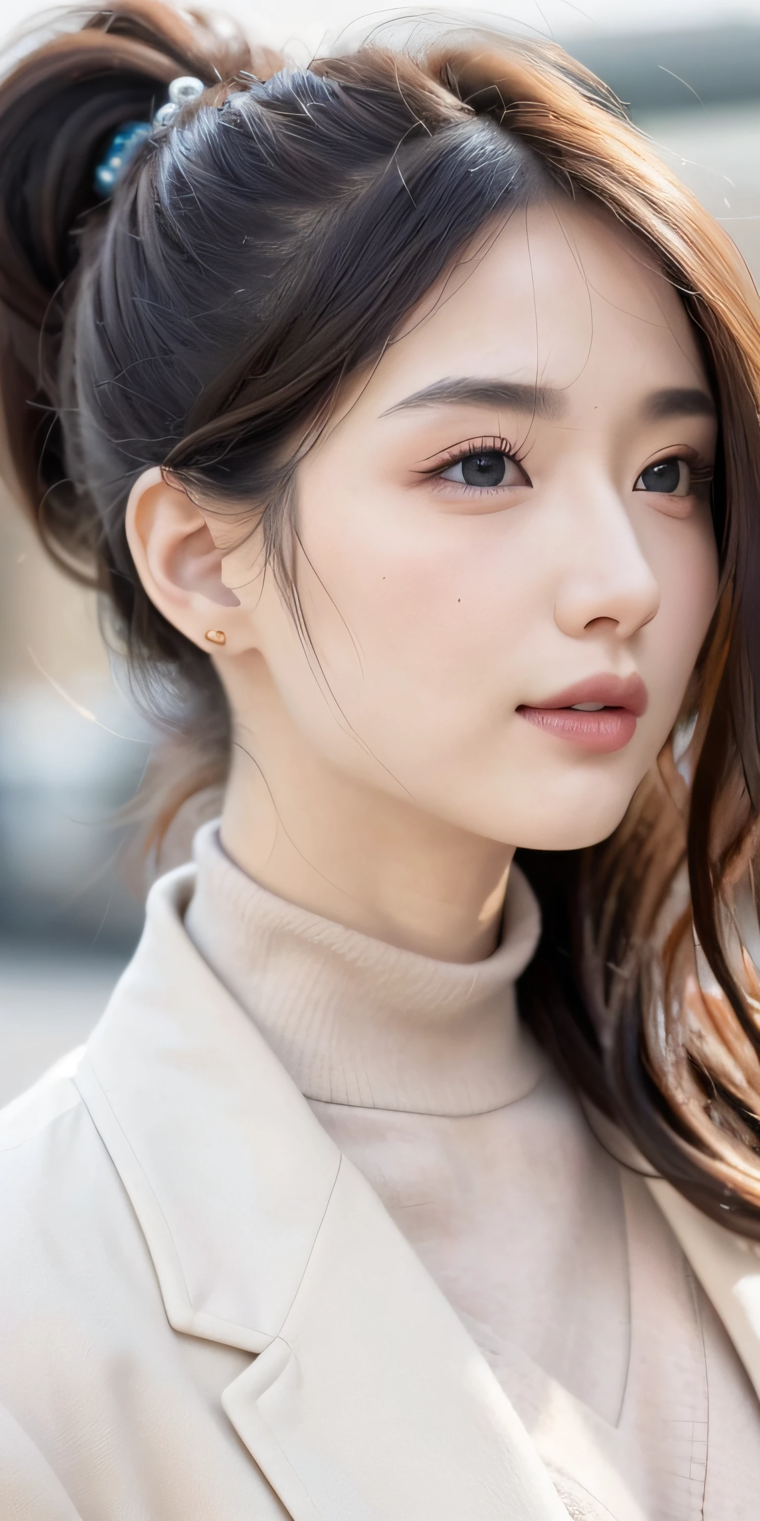 Woman like a beautiful model,masutepiece, Best Quality, 1girl in, profile, Ponytail, updo hair, Pink lips, slightly upturned nose, eyelashes slightly longer, Realistic skin texture, alluring face, Blurred, White background、suits,Ultra-realistic capture, Highly detailed, High resolution 16k close-up of human skin. Skin texture must be natural, With enough detail to finely identify pores. Skin should look healthy, In a uniform tone. Use natural light and color