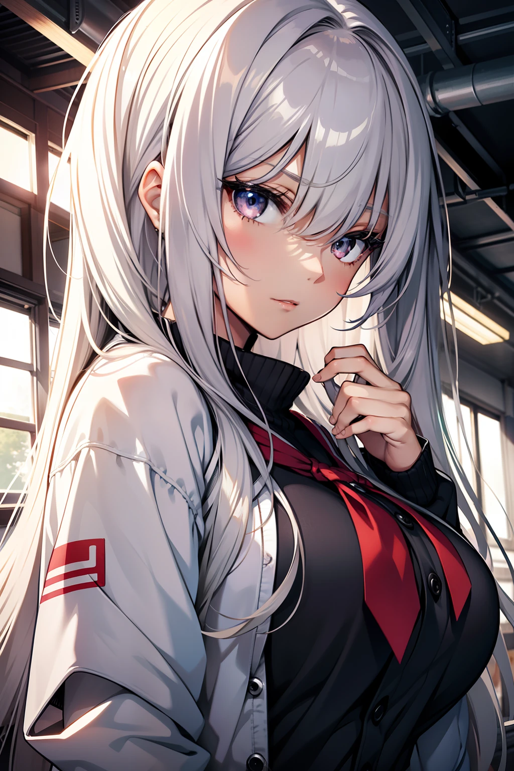 a beauty girl，Silver hair，long、Strong-willed eyes，slightly larger breasts，Manga style，fulcolor，hi-school girl，Relaxed look、skin whitening，light skinned