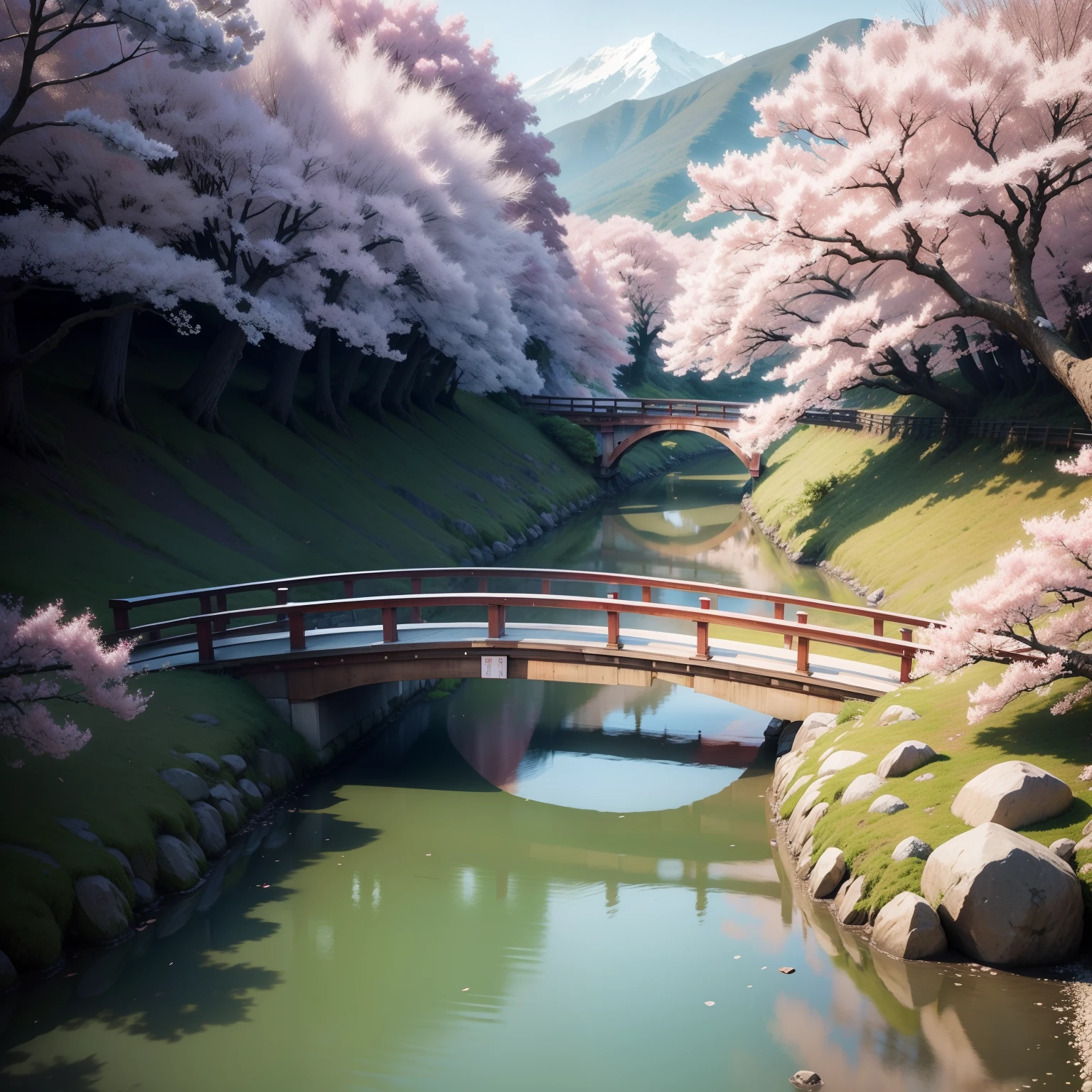 landscapes jpn cherry trees natta scatter The river flows natta Young man watching on the bridge 4K