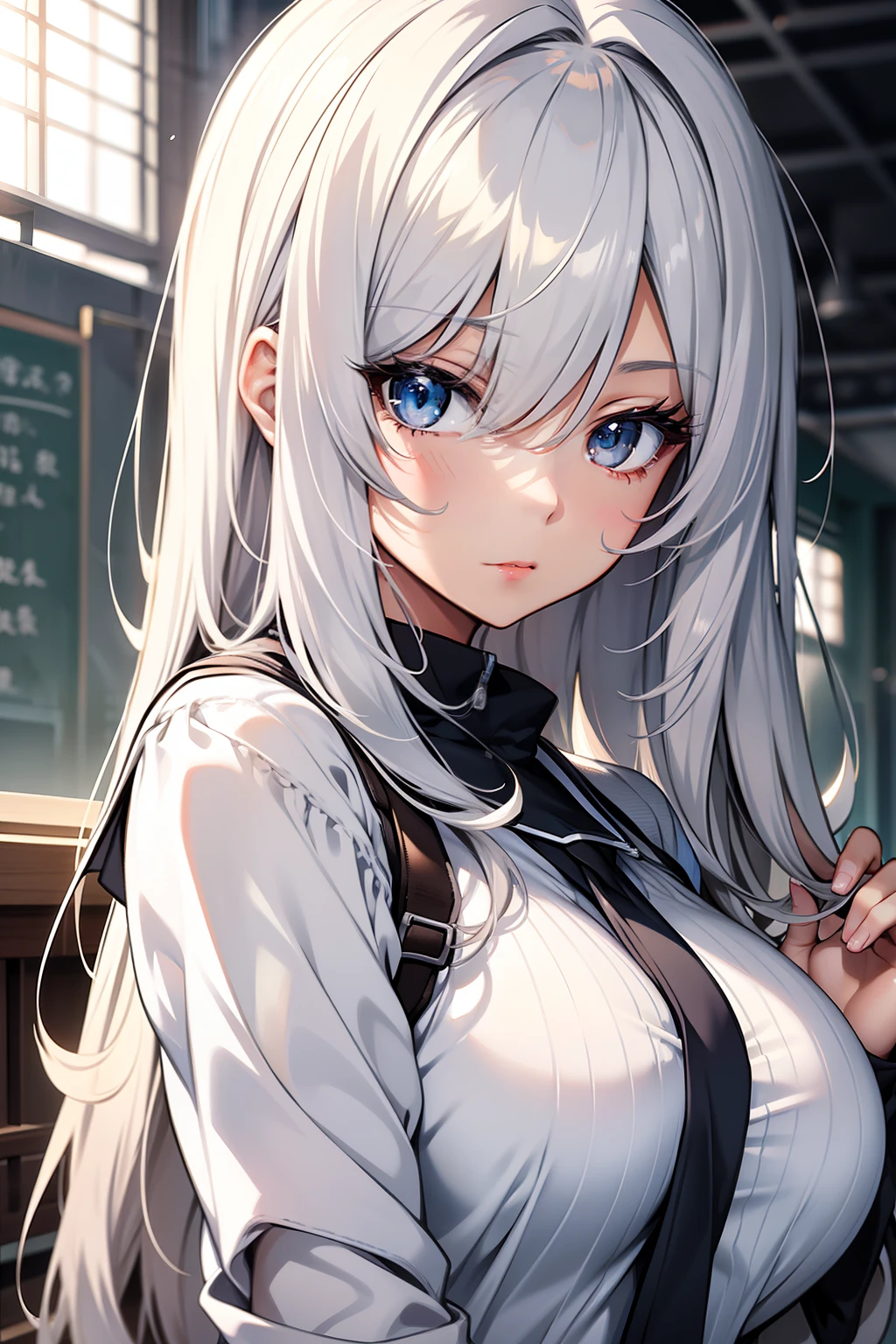 a beauty girl,Silver hair,long、Strong-willed eyes,slightly larger breasts,Manga style,fulcolor,hi-school girl,Relaxed look、skin whitening,light skinned