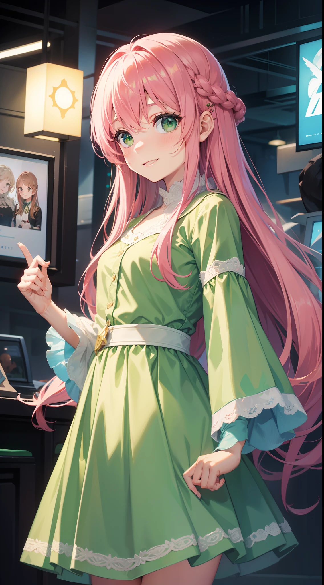 young girl, long pink hair, Green eyes, Green Light Dress, ssmile, Masterpiece, hiquality