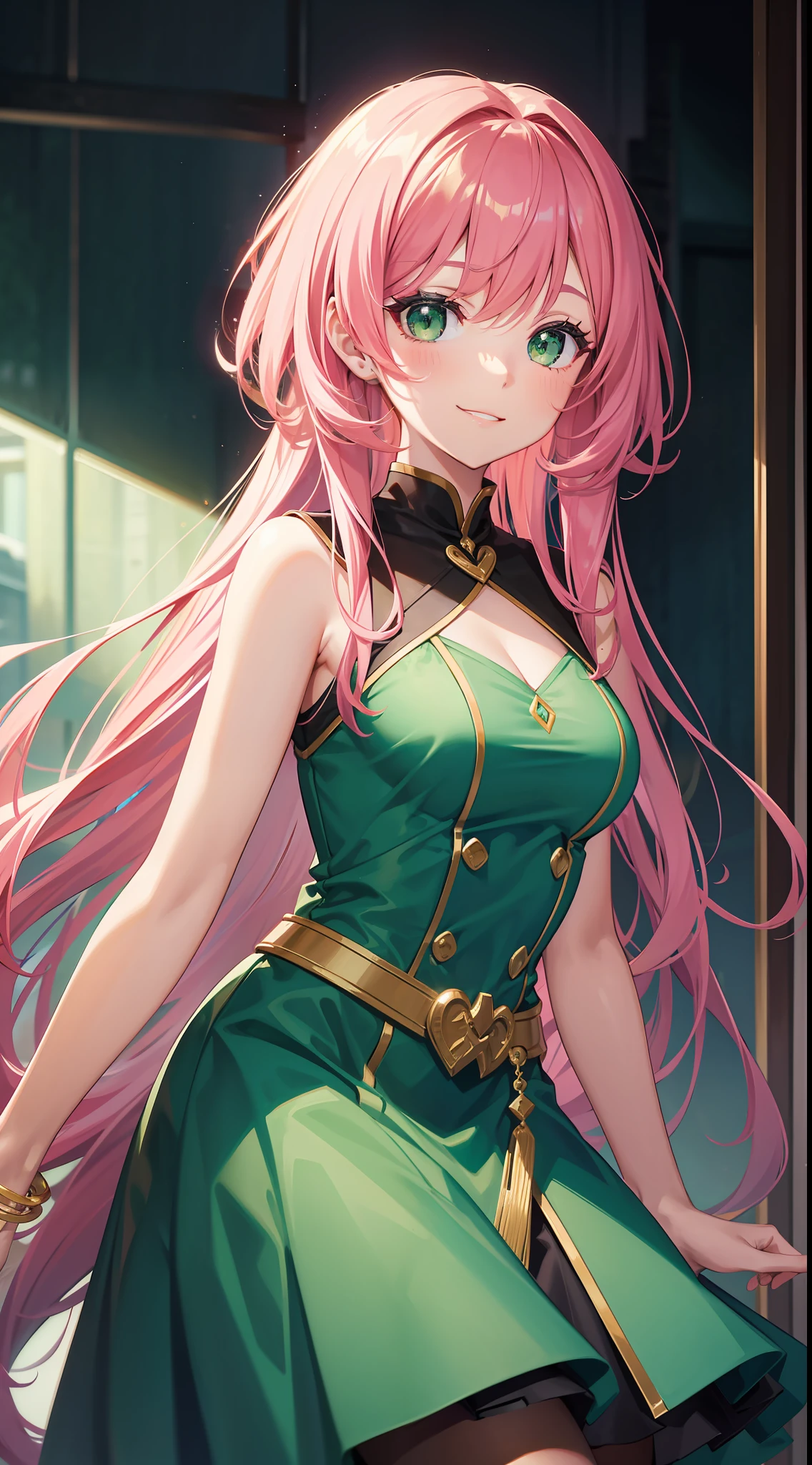 young girl, long pink hair, Green eyes, Green Light Dress, ssmile, Masterpiece, hiquality