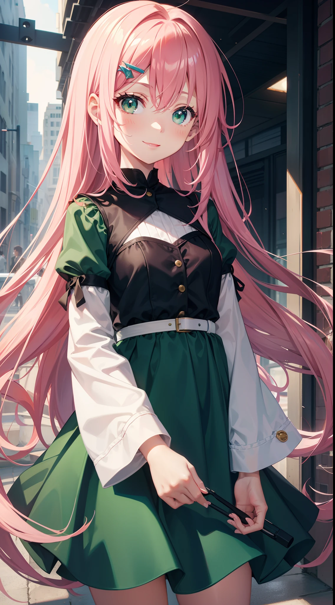 young girl, long pink hair, Green eyes, Green Light Dress, ssmile, Masterpiece, hiquality