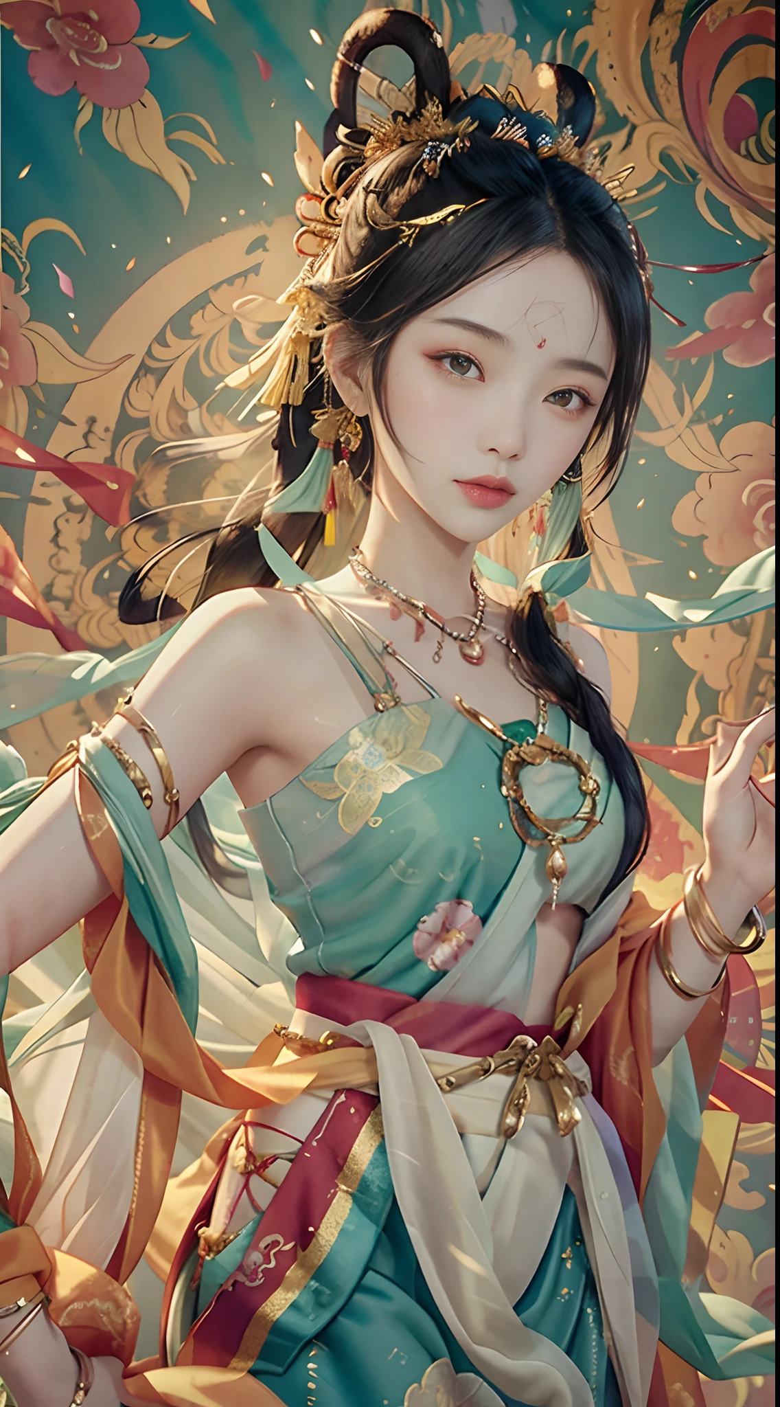 An ancient Chinese beauty with gorgeous costumes embroidered with intricate embroidery, with transparent colorful streamers tied around her arms, flowing, showing her navel, bare shoulders, open neck with buns, flower hairpins, armbands tied with streamers, bracelets, anklets , with metal chain tassels around the waist, Mogao Grottoes art, Dunhuang Flying Apsaras mural inspiration, ink wash, cgstation popular --v 6