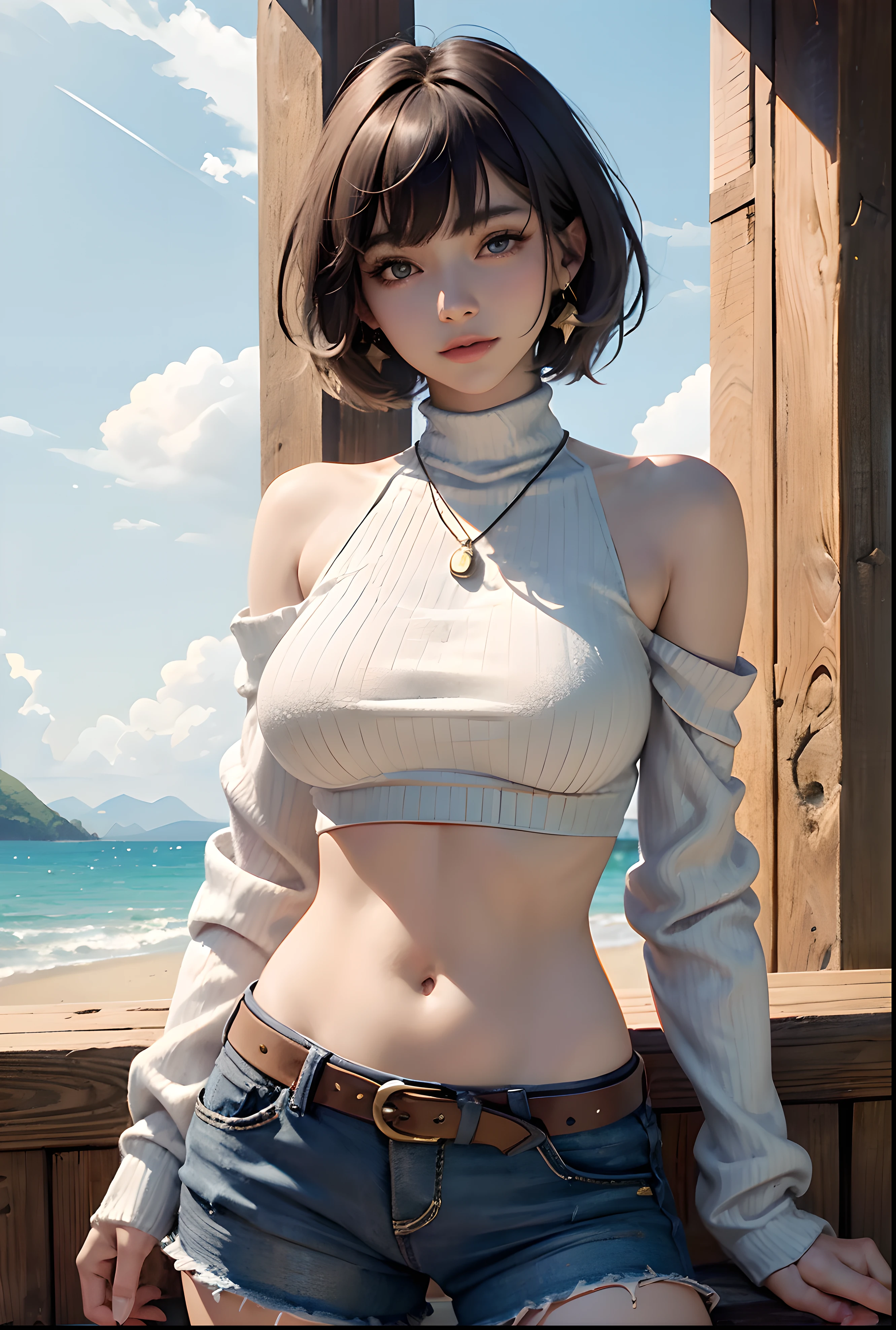 ((Best Quality, 8k, Sharp Focus, 35mm Lens, Masterpiece: 1.2, Natural Light, Ultimate Girl, Highly Detailed Facial Textures)), (Shoulder Knit Sweater), (hot pants), (Park: 1.2 ), medium breast, necklace, highly detailed facial textures, inverted triangle face, detailed beauty makeup:1.2, ultra-detailed skin, navel, detailed bangs, (detailed eyes:1.2), Grinning, medium short hair, looking at viewer,