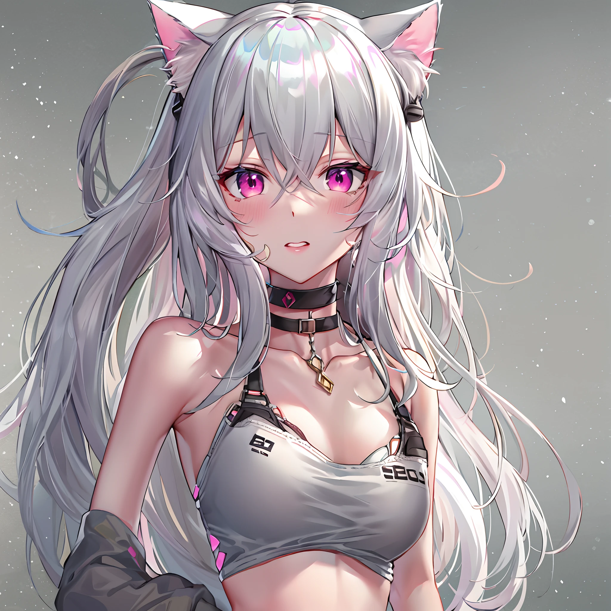 Masterpiece, Best Quality, High Resolution, Cat Ears Girl, Ponytail, Pink Eyes, Hair Between Eyes, Bangs, Silver Hair, Clavicle, Halter Neck, Breasts, Very Long Hair, Small, School Swimsuit