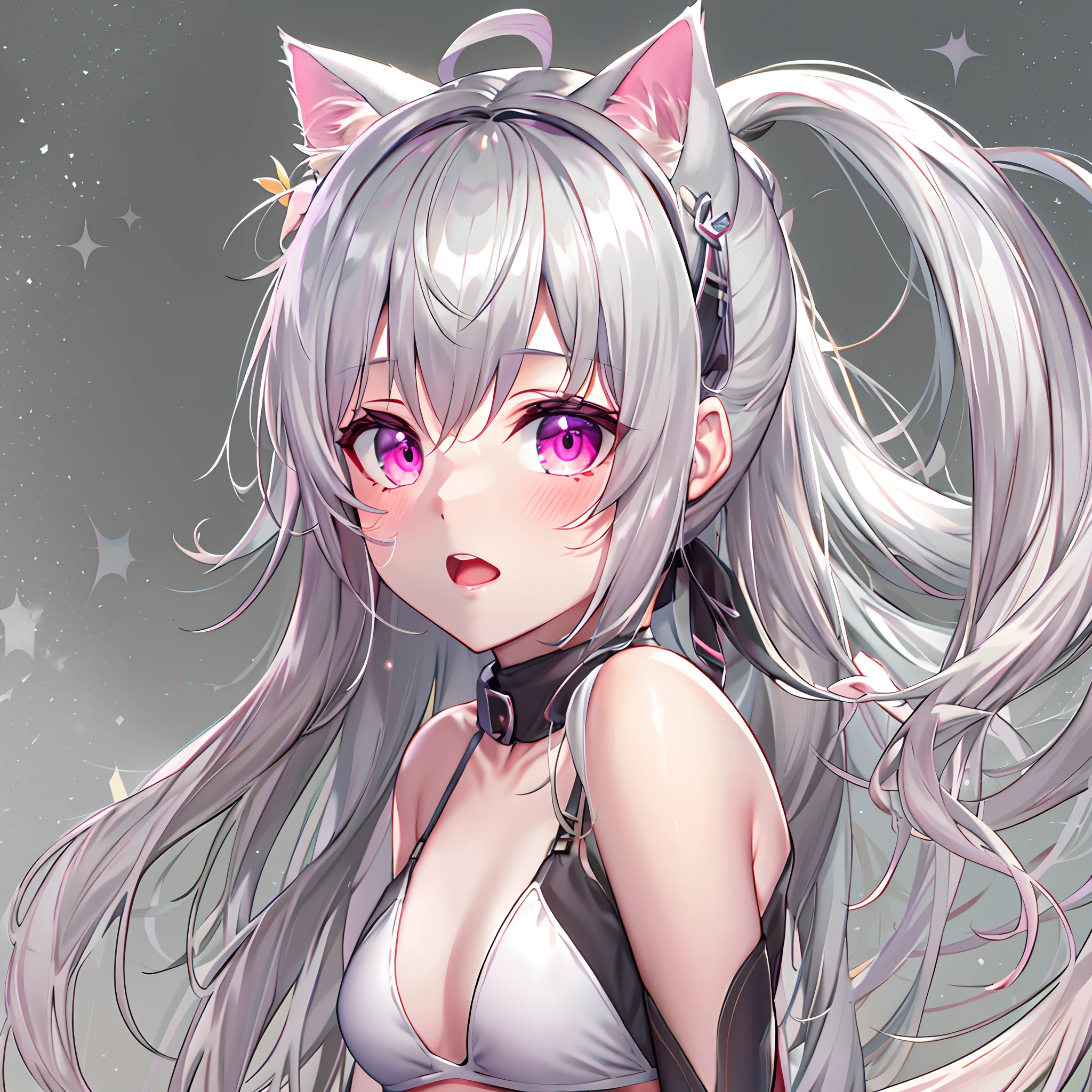Masterpiece, Best Quality, High Resolution, Cat Ears Girl, Ponytail, Pink Eyes, Hair Between Eyes, Bangs, Silver Hair, Clavicle, Halter Neck, Breasts, Very Long Hair, Small, School Swimsuit