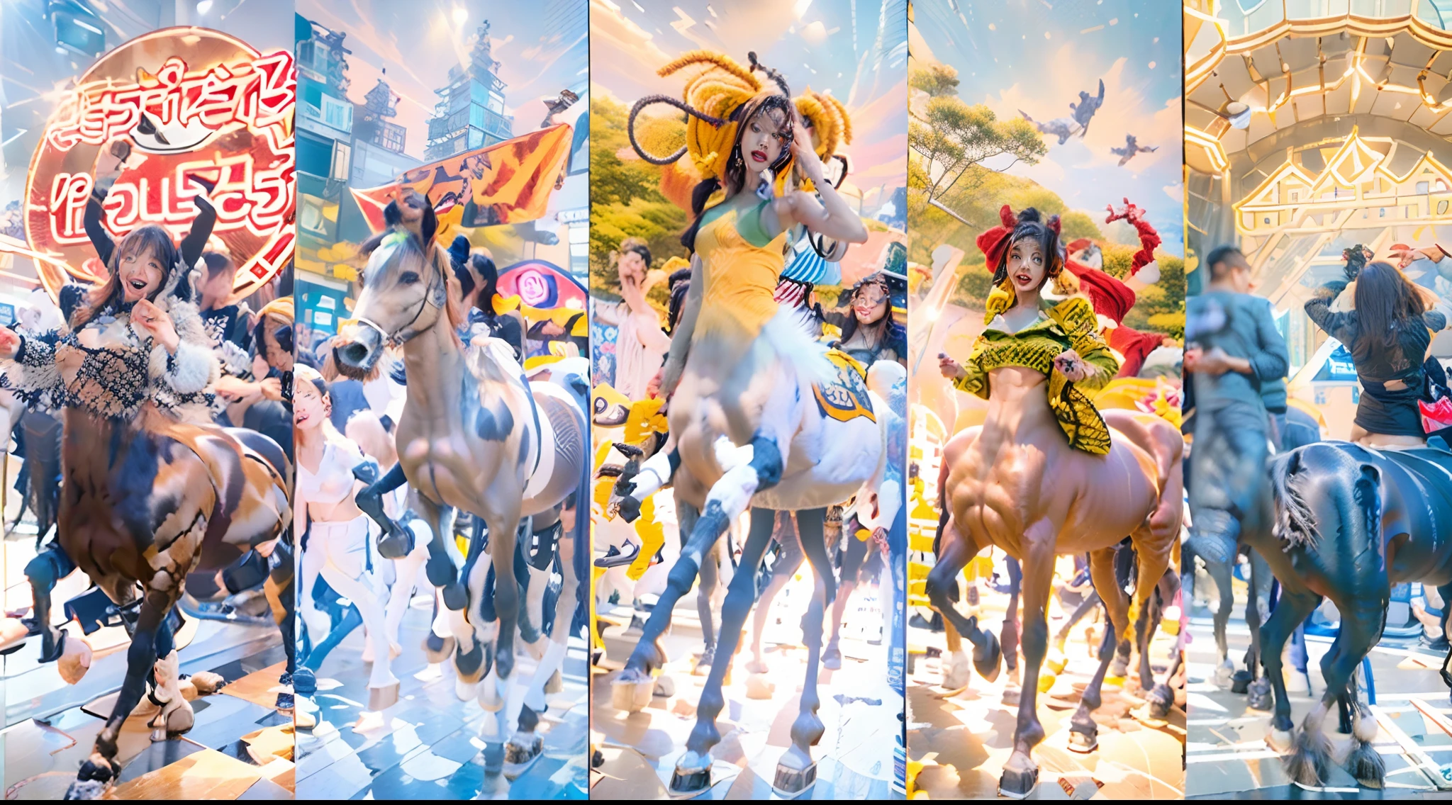 In this beautiful illustration，Eight unique female centaur characters are shown，They all have their own characteristics，Vivid and interesting。Radiant angelic centaurs from the heavenly realm，To the hellish centaurs surrounded by nightmarish flames，And then to the Wind Immortal Centaur dancing in the air，Unicorn centaur surrounded by lightning，Mechanical centaur in mechanical style，Dragon centaurs，Elf centaurs，Tiflin centaurs，Each character has their own unique charms and abilities。The illustration uses advanced artistic techniques and tools，Divide the scene into sections by geometric arrangement，Each section corresponds to a centaur character，This makes more efficient use of space。Through Midjourney's advanced brush tools、Color palette、Material packs and model packs，Exquisite costumes and equipment are designed for each centaur，Enhances the character's personality and visual appeal。The scenery in the illustrations is stunning，There are changing skies、rainbowing、extreme light、Stars and Moon。Incorporating iconic landmarks such as Mount Everest，and fireworks、tranquil lake、Natural and urban elements of waves and neon lights，Creates a magical atmosphere。The centaurs showed off their skills and equipment in a variety of environments，This is true even in extreme alien landscapes。Midjourney's tools make depicting details vivid and realistic，From intricate hairstyles and clothing to authentic textures，Enhances the realism of the characters and surroundings。The fusion of multiple art styles adds movement to the centaur's movement at all angles，The overall visual experience is further enriched。The final illustration was described as a "masterpiece"，It has the characteristics of "best quality" and "realistic"，The details put into the creative process are shown、Level of creativity and craftsmanship。Ultra-grand scenes，super wide shot， hdr，（真实感，Masterpiece quality，best qualtiy）