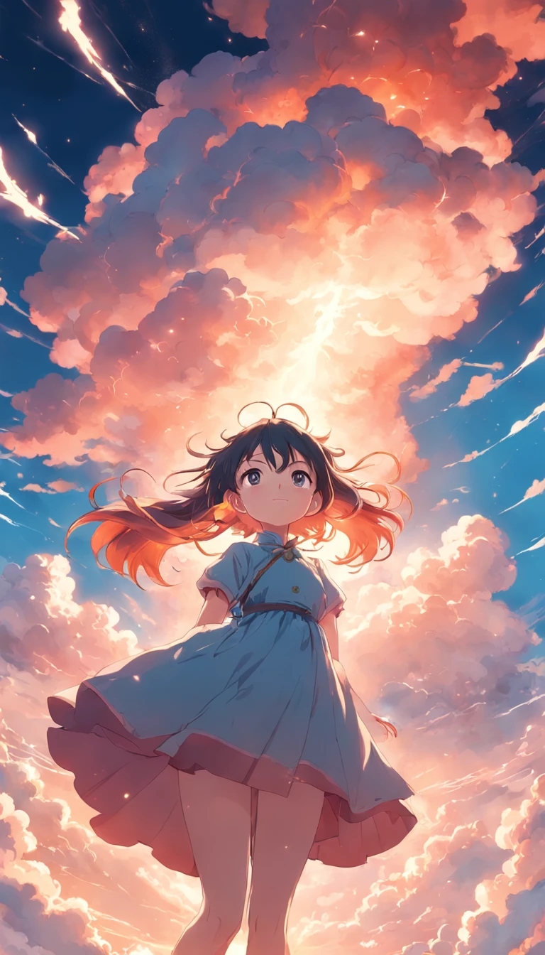 masterpiece, best quality, movie still, 1girl, cloud girl, floating in the sky, close-up, bright, happy, warm soft lighting, sunset, (sparks:0.7)