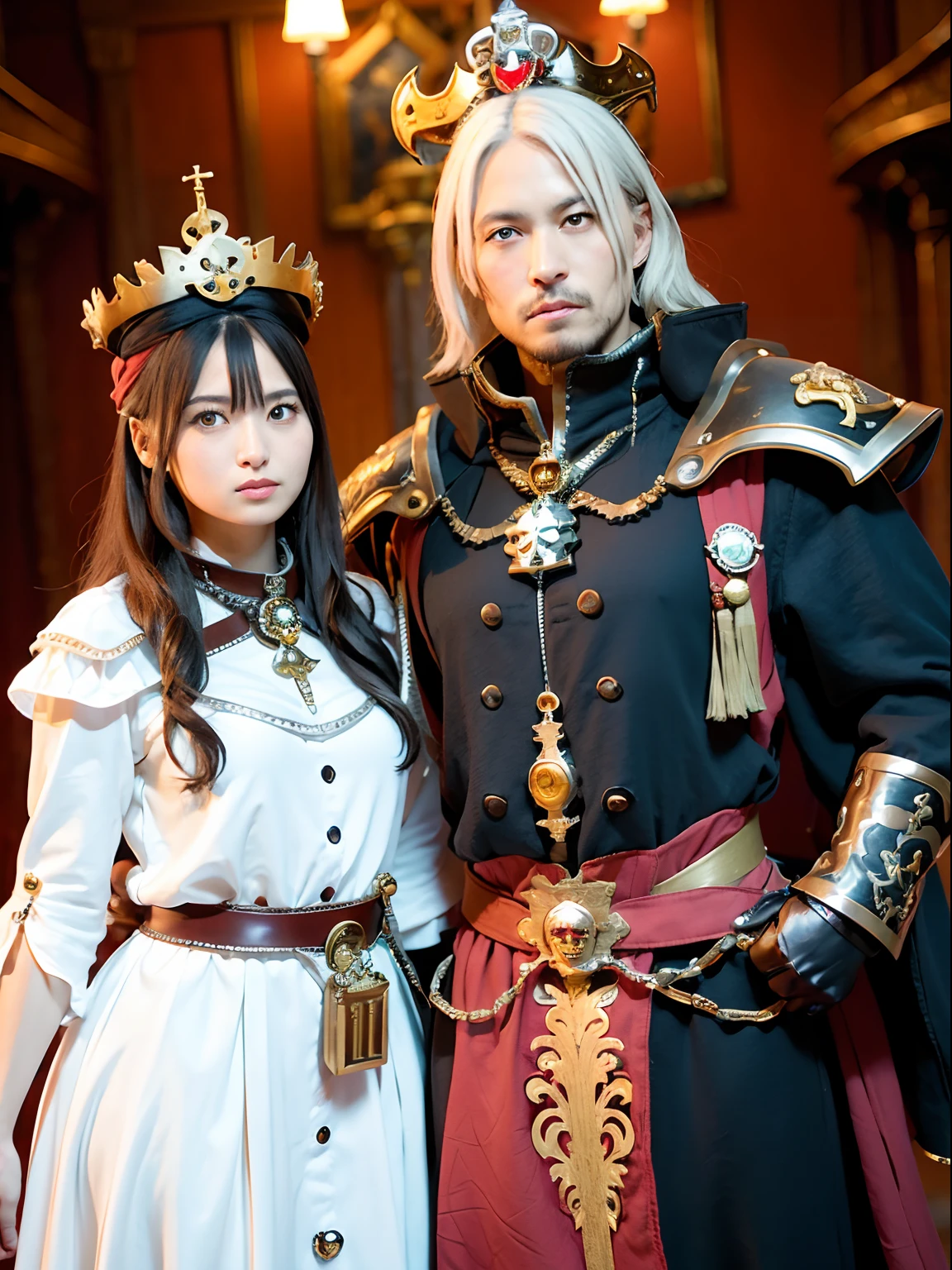 (masutepiece), Professional , ​masterpiece、top-quality、photos realistic , depth of fields （Gemstone Silver Metal Body:1.９),(Matte White、（Put on a pirate hat）、（Ultimate Beauty）、Jewel Gold Weapon（Jewel Metal Body:1.４),Gorgeous metal weapons , Detailed Sword of the Brave    ,warhammer 40k , The port town、adepta sororitas,Detail and ornate jewel crown、Black hair、Gangle's forest background、Beautiful Caucasian beauty、１a person、dynamic ungle,(((Detailed and ornate diamond crown)))、Smaller head、A smile、Take a sexy pose、Background inside the castle、Thin and beautiful female hands、cleavage of the breast、Soldier in iron armor on background、Soldier in iron armor on background、