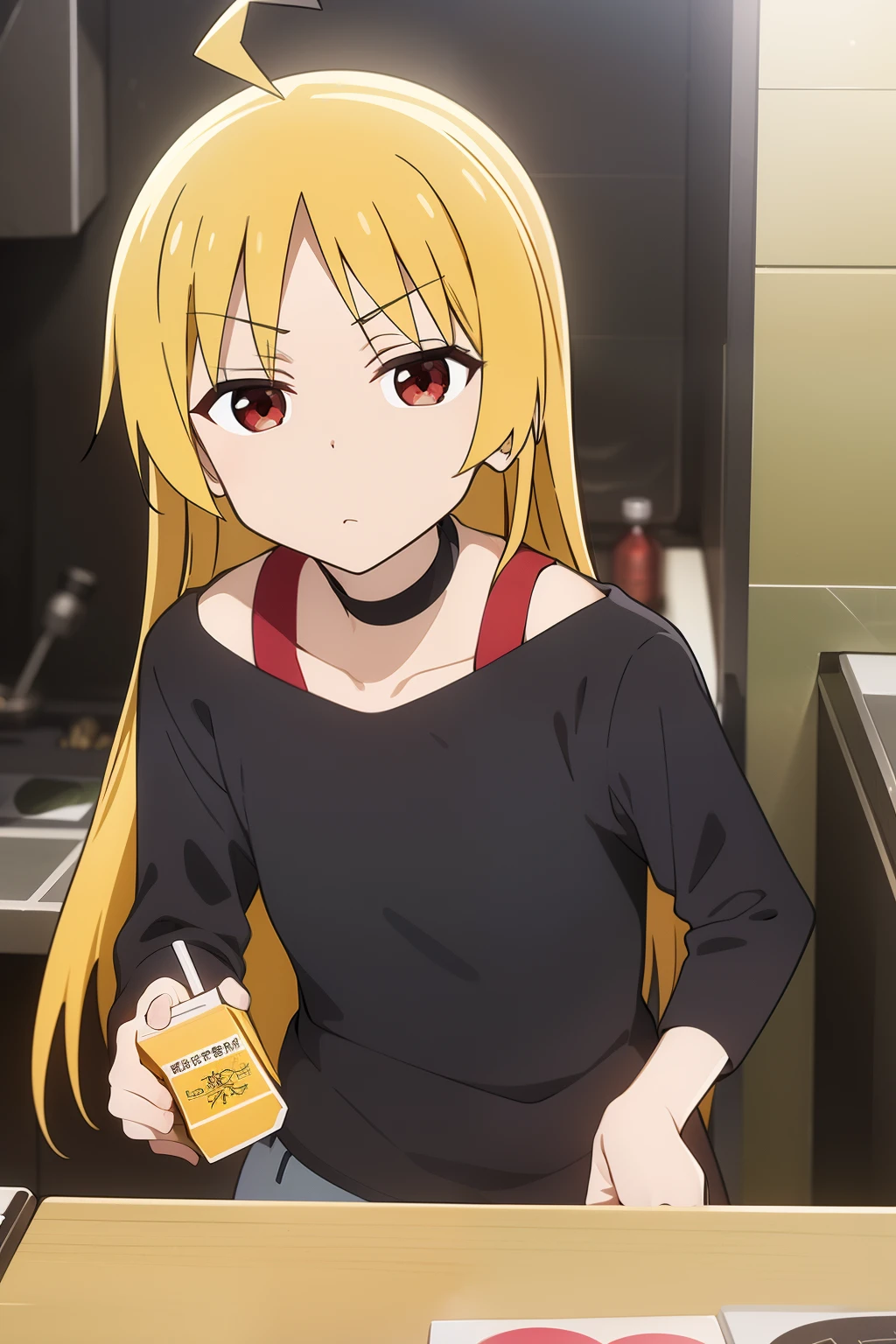 masterpiece, realistic, 2d, seika ijichi, yellow hair, long hair, red eye, ahoge, wear black t-shirt, drink box juice, holding juice box