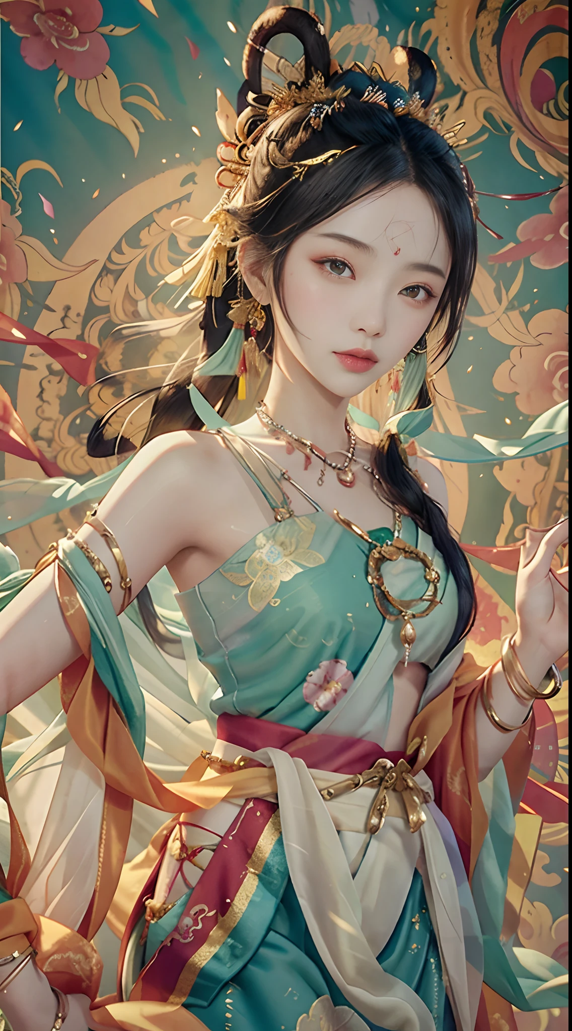 An ancient Chinese beauty with gorgeous costumes embroidered with intricate embroidery, with transparent colorful streamers tied around her arms, flowing, showing her navel, bare shoulders, open neck with buns, flower hairpins, armbands tied with streamers, bracelets, anklets , with metal chain tassels around the waist, Mogao Grottoes art, Dunhuang Flying Apsaras mural inspiration, ink wash, cgstation popular --v 6