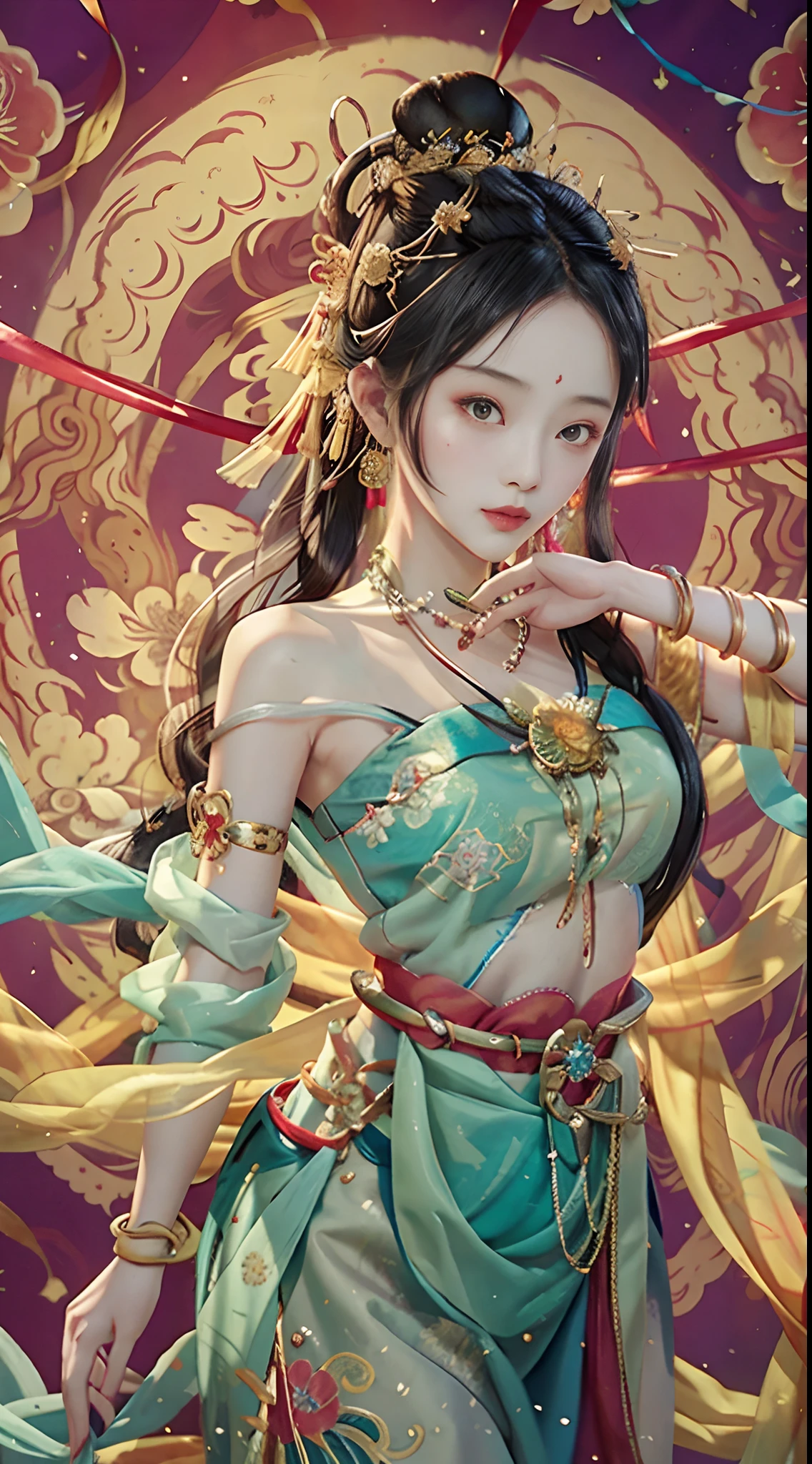 An ancient Chinese beauty with gorgeous costumes embroidered with intricate embroidery, with transparent colorful streamers tied around her arms, flowing, showing her navel, bare shoulders, open neck with buns, flower hairpins, armbands tied with streamers, bracelets, anklets , with metal chain tassels around the waist, Mogao Grottoes art, Dunhuang Flying Apsaras mural inspiration, ink wash, cgstation popular --v 6