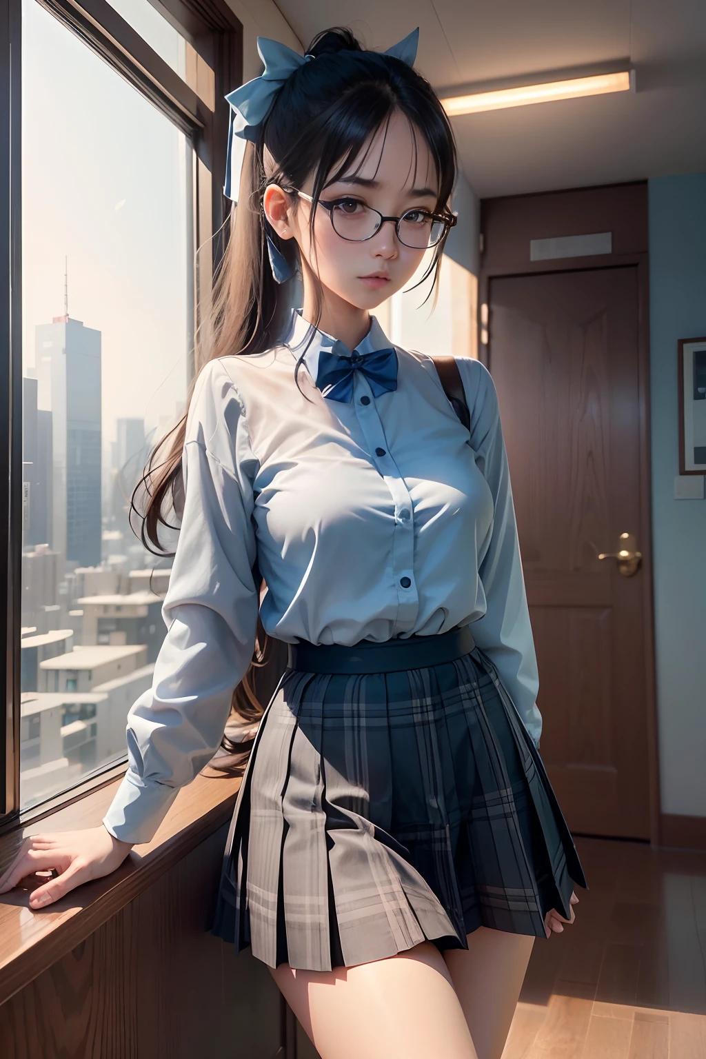 (Long ponytail),(Open the crotch fully open,Open the legs in an M-shape),(Bra shows through and are visible),（8K、Raw photography、top-quality、​masterpiece：1.2),Blue Panties,pigeon chest,glamor,Chromo-white skin,cocky,School,watching at viewers,Looking at the front,Muchimuchi,High-pitched clothing,Erotic,Pupils,de pele branca,kne,absurderes,a small face,,Forehead visible,Bangs hanging from the left and right sides of the forehead,(a cold expression,Tight eyes,glares,Bullish,irate)、​masterpiece,top-quality、超A high resolution,Raw photo,ren,Beautiful fece,One Person, 独奏,eye glass,,Dark look,Small breasts,fullllbody,Round glasses,JK school uniform,hi-school girl,A Japanese Lady,（Photorealsitic：1.37）、Photon mapping,Realistic、Beautie,Cute little face,Brown-eyed、Black socks、(Red bow tie)、Radio City、Physically Based Rendering、depth of fields、Blurry background、a picture,Body,beauty legs, Long legs, Thin leg,(Bangs are visible), hair, s lips, Blue_The eye, nosesoft,(Light blue shirt), (Navy and blue and white plaid pleated skirt), Knees are visible,Sheer clothing,, Thigh, Black cotton socks,Nogizaka Idol, 女優, Japanese ido