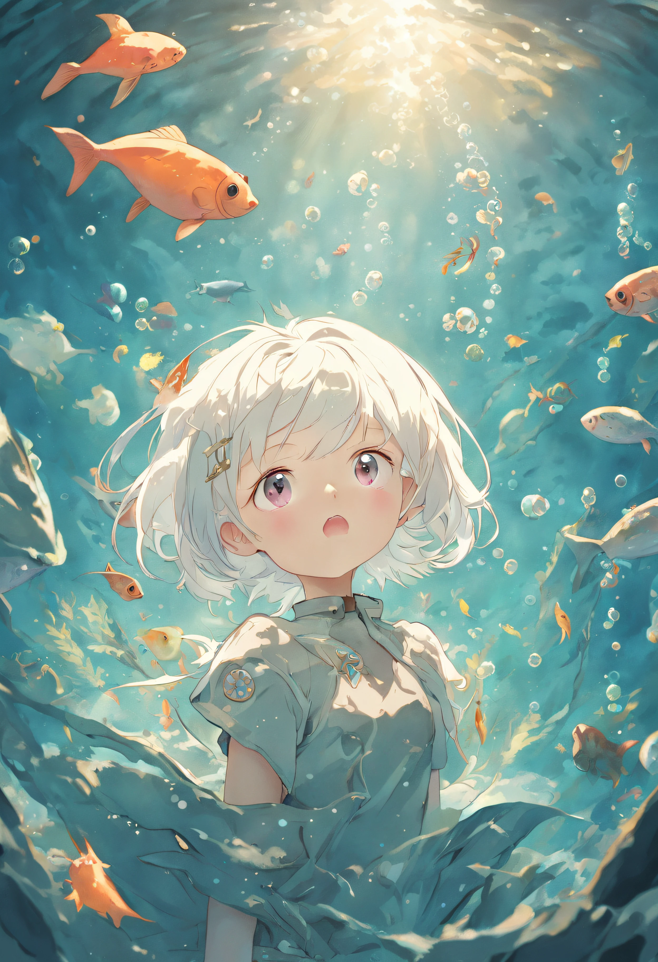 Undersea juvenile silver-haired shell house，girl with short white hair，Colorful bubbles，Plants，Glowing little fish，Sparkling，ocean floor，