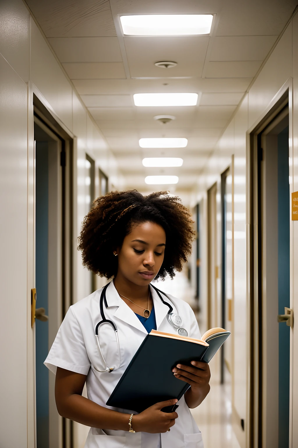 Capturing dedication: A young Afro American woman doctor engrossed in studying medical textbooks in the quiet corridors of the hospital, Canon EOS R5 with 85mm f/1.4 lens, natural window light, documentary-style photography.