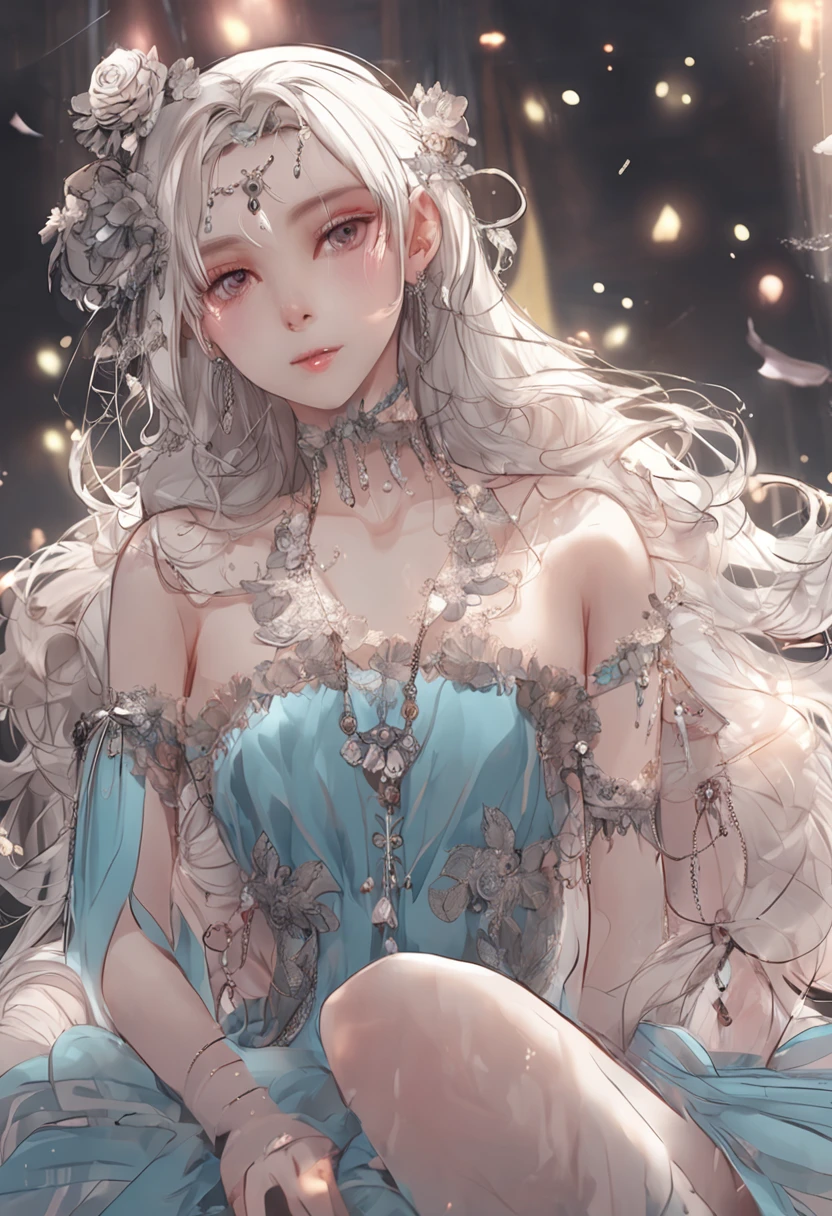 best qualtiy, tmasterpiece, 超高分辨率, (realisticlying:1.5), RAW photogr, 1girll, silber hair, long whitr hair,hair adornments,bshoulders,Cold and glamorous,Raised sexy,Cyan and pink tulle dress, Detailed scenes, amazing pose, Eye-catching accessories, Picturesque