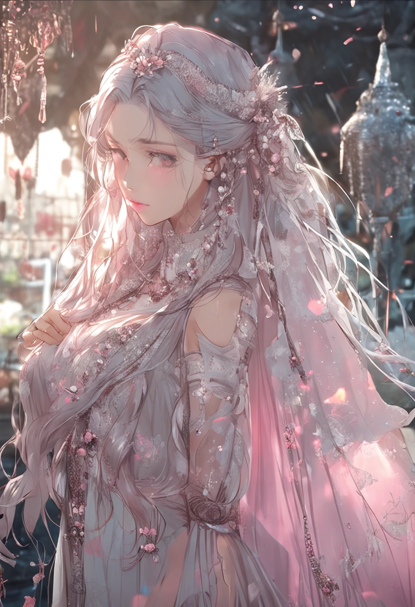 best qualtiy, tmasterpiece, 超高分辨率, (realisticlying:1.5), RAW photogr, 1girll, silber hair, long whitr hair,hair adornments,bshoulders,Cold and glamorous,Raised sexy,Cyan and pink tulle dress, Detailed scenes, amazing pose, Eye-catching accessories, Picturesque