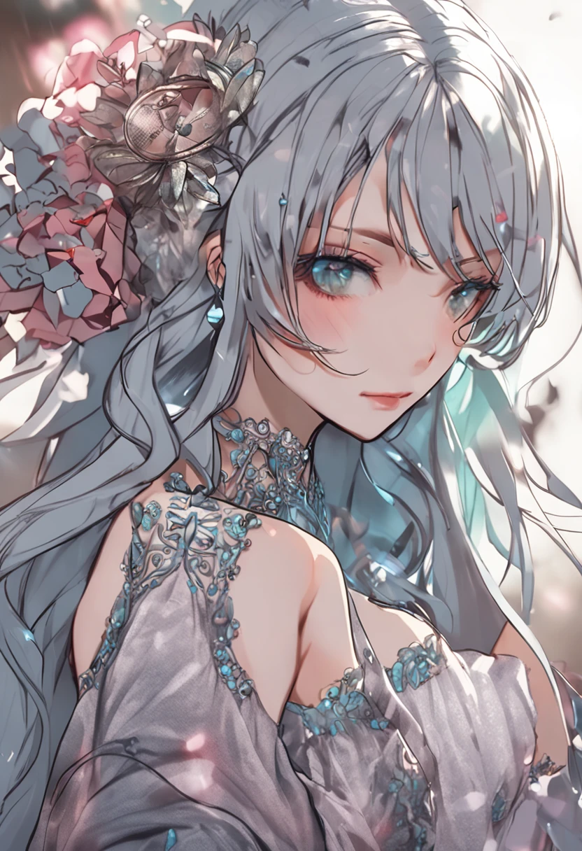 best qualtiy, tmasterpiece, 超高分辨率, (realisticlying:1.5), RAW photogr, 1girll, silber hair, long whitr hair,hair adornments,bshoulders,Cold and glamorous,Raised sexy,Cyan and pink tulle dress, Detailed scenes, amazing pose, Eye-catching accessories, Picturesque