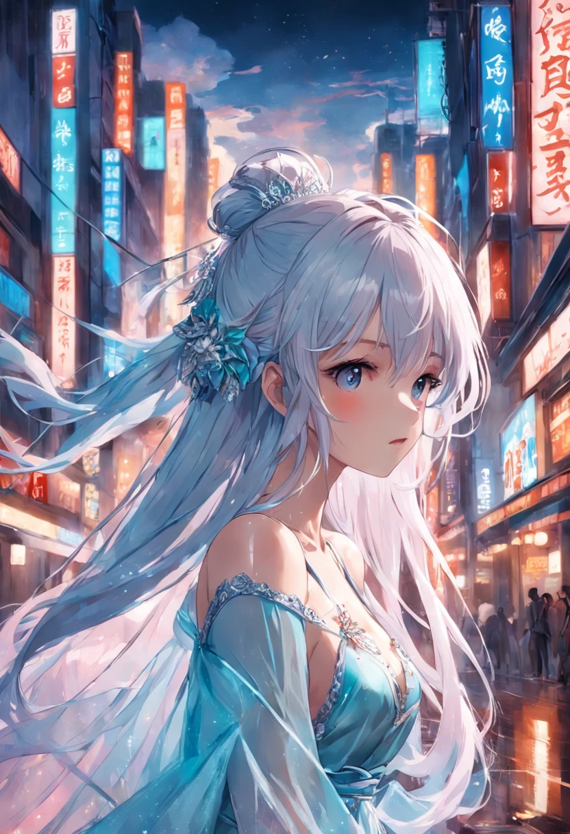 best qualtiy， tmasterpiece， 超高分辨率， （realisticlying：1.5）， RAW photogr， 1girll, silber hair, long whitr hair，hair adornments，bshoulders，Cold and glamorous，Raised sexy，Cyan and pink tulle dress, Detailed scenes, amazing pose, Eye-catching accessories, Picturesque