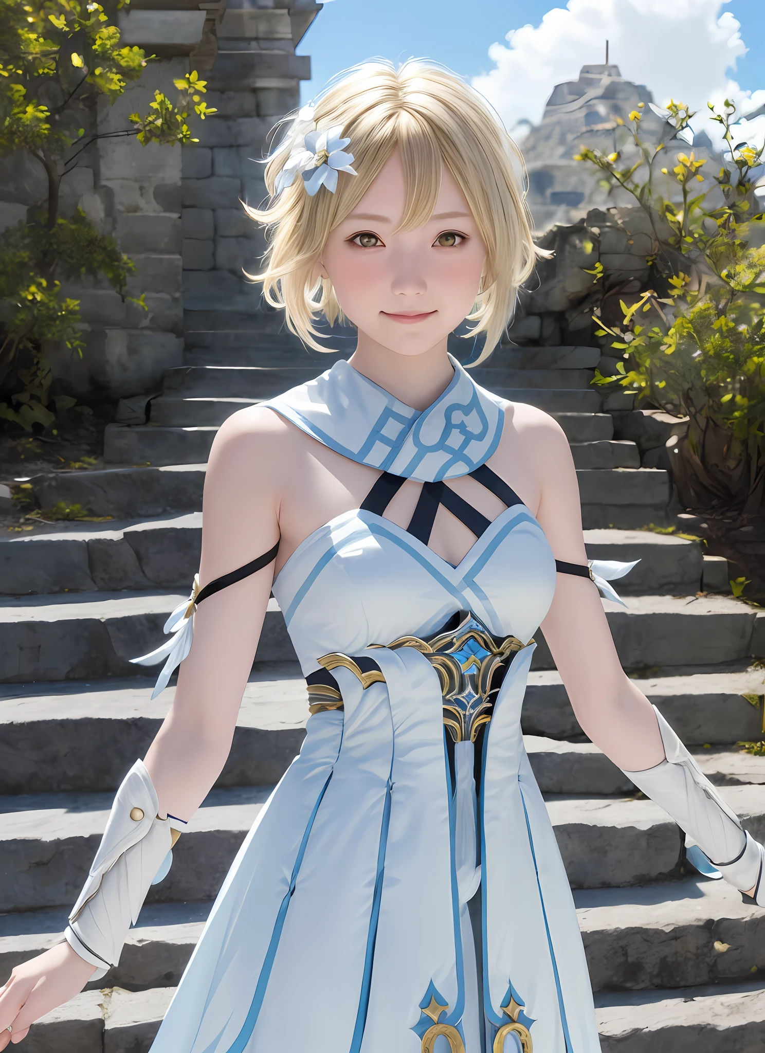 luminedef, upper body, smile, blush, outdoors, day, simple background, blue sky, short hair, sky, temple, looking at viewer, stairs, mountain, moody lighting,