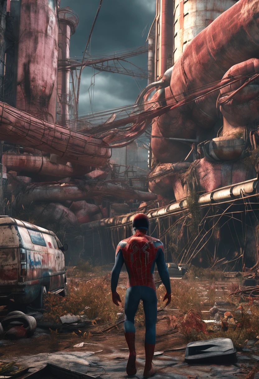 Animation style through the extreme universe, Spider-Man Miles Morales at the Chernobyl nuclear power plant, postapocalyptic, 《last of us》, Tentacles reach out of the ground, Speed pose, brutalist, Beautiful, Masterpiece, High-fidelity 3D, Photorealism, hyper photorealism