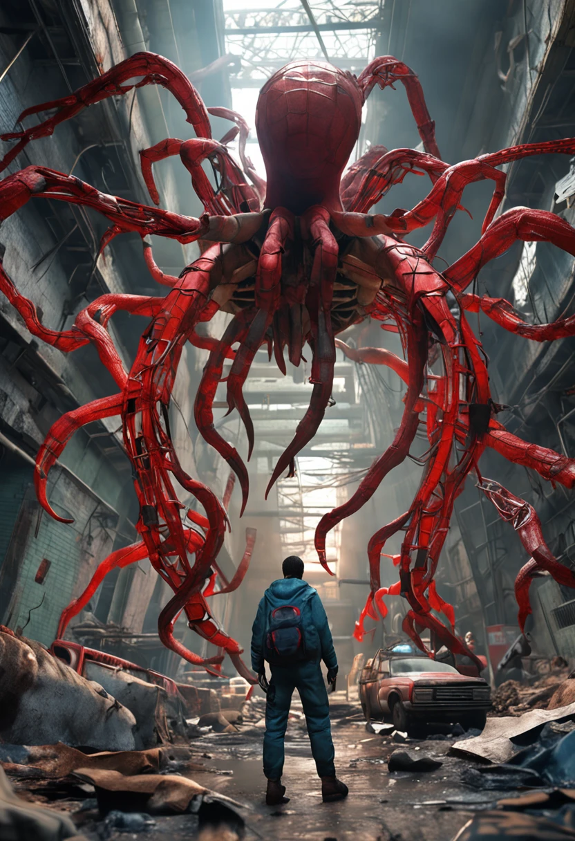 Animation style through the extreme universe, Spider-Man Miles Morales at the Chernobyl nuclear power plant, postapocalyptic, 《last of us》, Tentacles reach out of the ground, Speed pose, brutalist, Beautiful, Masterpiece, High-fidelity 3D, Photorealism, hyper photorealism