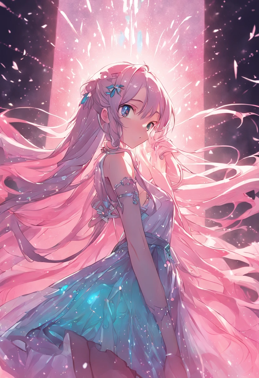 best qualtiy, tmasterpiece, 超高分辨率, (realisticlying:1.5), RAW photogr, 1girll, silber hair, long whitr hair,hair adornments,bshoulders,Cold and glamorous,Raised sexy,Cyan and pink tulle dress, Detailed scenes, amazing pose, Eye-catching accessories, Picturesque