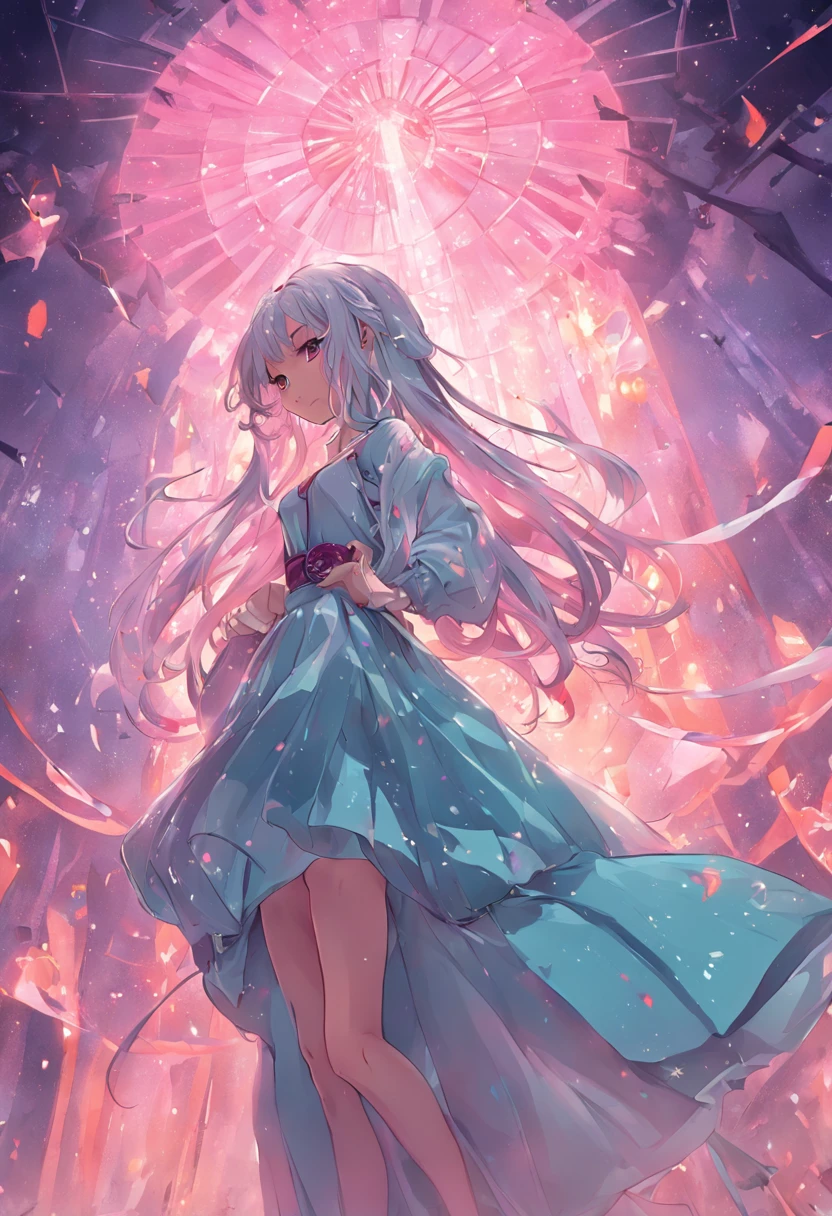 best qualtiy， tmasterpiece， 超高分辨率， （realisticlying：1.5）， RAW photogr， 1girll, silber hair, long whitr hair，hair adornments，bshoulders，Cold and glamorous，Raised sexy，Cyan and pink tulle dress, Detailed scenes, amazing pose, Eye-catching accessories, Picturesque