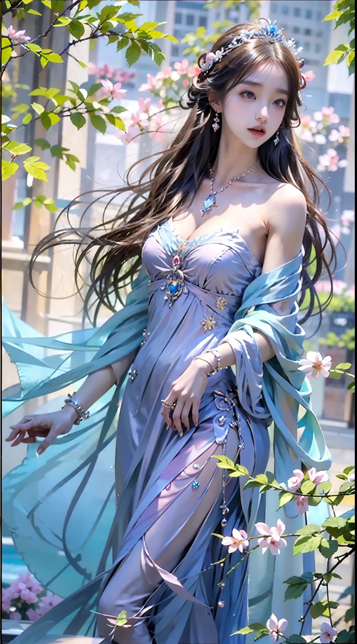 best qualtiy， tmasterpiece， 超高分辨率, Close-up of a woman in a blue-pink flowing gauze dress, close-up all over the body, sexy for, cropped shoulders, show legs, Beautiful teenage girl, a beautiful fantasy empress, Ethereal beauty, beautiful fantasy maiden, Beautiful goddess, ((a beautiful fantasy empress)), Ethereal fantasy, Detailed scenes, amazing pose, Eye-catching accessories, Picturesque