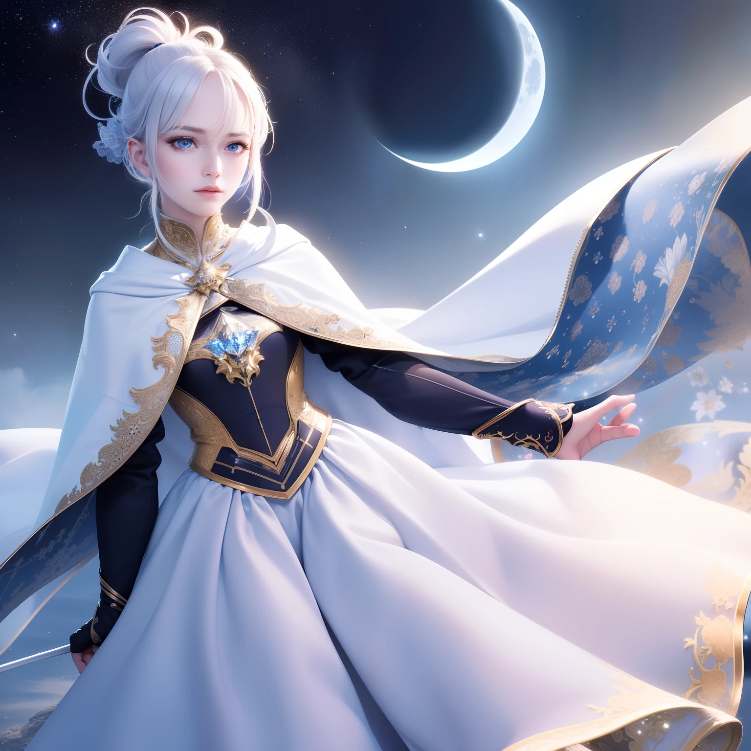 masterpiece, (best quality:1.2), (ultra-detailed:1.2), illustration, (an extremely delicate and beautiful:1.2),cinematic angle,floating, (beautiful detailed eyes:1.1), (detailed light:1.1),cinematic lighting, beautifully detailed sky, women, white hair, blue eyes, (high ponytail:1.1), cloak, glowing eyes, (moon:1.2), (moonlight:1.1), starry sky, (lighting particle:1.1), fog, snow painting, sketch, bloom