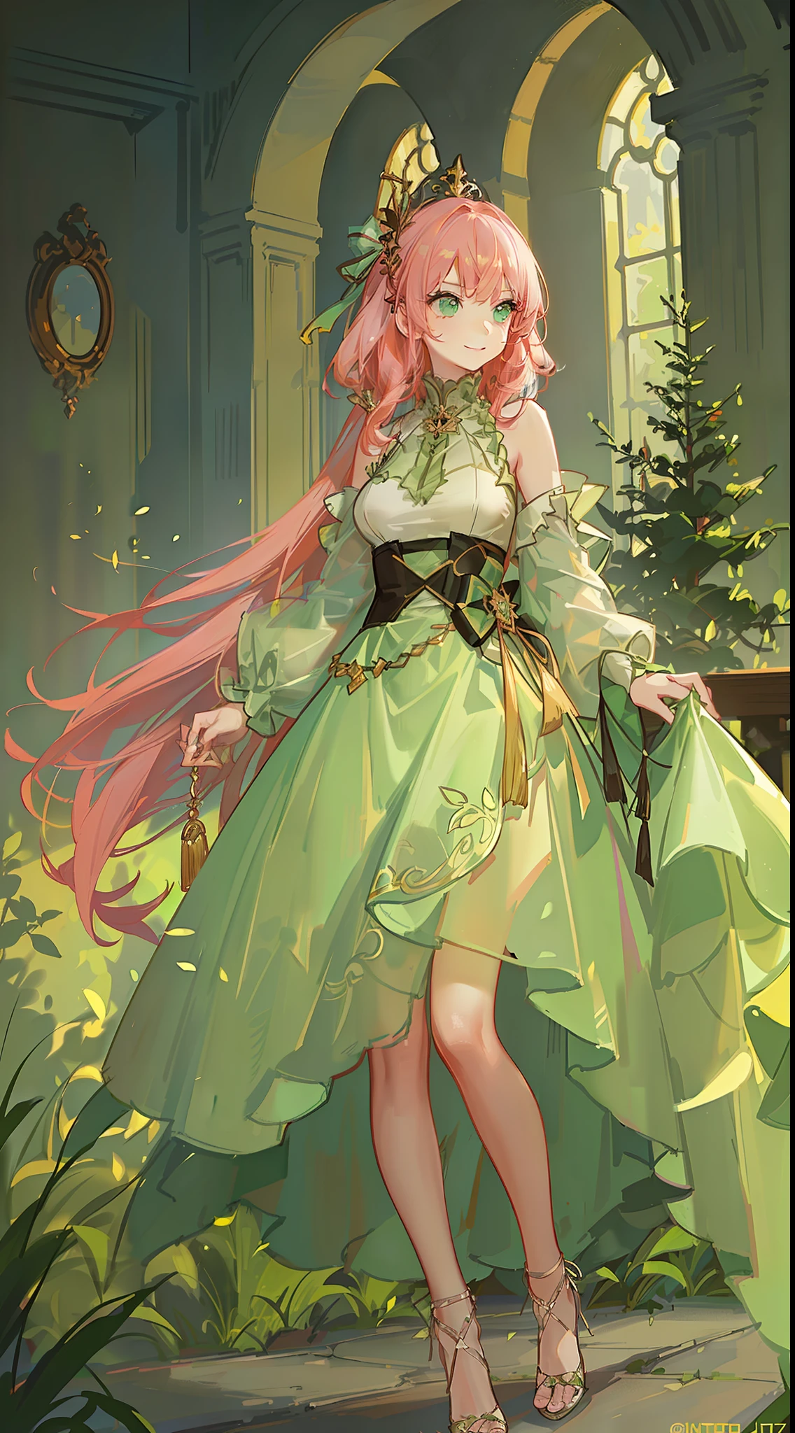 young girl, long pink hair, Green eyes, Green Light Dress, ssmile, Masterpiece, hiquality