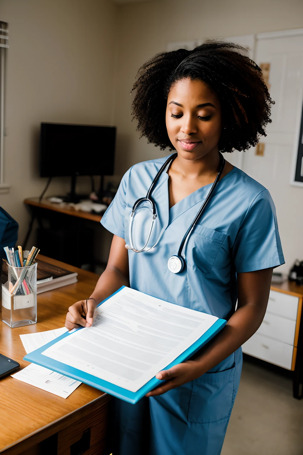 Empowerment in education: An intimate portrayal of a young Afro American woman doctor poring over medical charts and notes, surrounded by the tools of her trade, Nikon Z6 with 50mm f/1.8 lens, even studio lighting, empowerment photography.