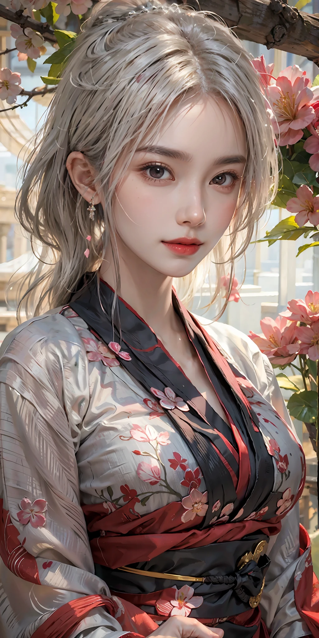 photorealistic, high resolution, soft light,1women, solo, hips up, shining skin, (detailed face),tattoo, jewelry, wedding hanfu, full red clothes, cherry blossom, night, white hair, wavy hair, Beautiful Soldier, Eyes That Invite Viewer, Lover's Perspective, Inviting Expression, Sexy Smile, Perfect Style, Perfect Balance, Detailed Skin, Naughty Gaze, Chest Visible