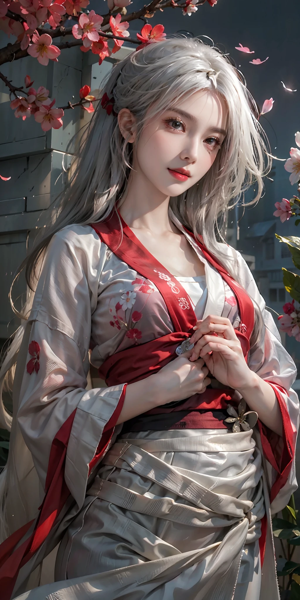 photorealistic, high resolution, soft light,1women, solo, hips up, shining skin, (detailed face),tattoo, jewelry, wedding hanfu, full red clothes, cherry blossom, night, white hair, wavy hair, Beautiful Soldier, Eyes That Invite Viewer, Lover's Perspective, Inviting Expression, Sexy Smile, Perfect Style, Perfect Balance, Detailed Skin, Naughty Gaze, Chest Visible