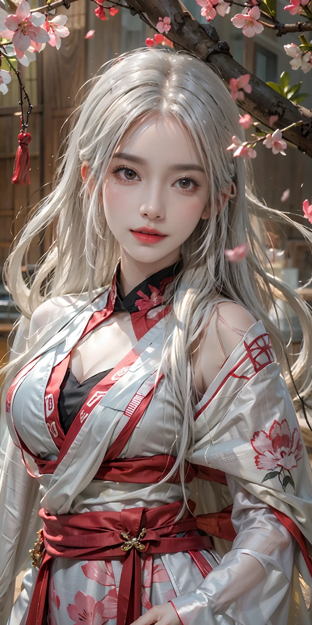photorealistic, high resolution, soft light,1women, solo, hips up, shining skin, (detailed face),tattoo, jewelry, wedding hanfu, full red clothes, cherry blossom, night, white hair, wavy hair, Beautiful Soldier, Eyes That Invite Viewer, Lover's Perspective, Inviting Expression, Sexy Smile, Perfect Style, Perfect Balance, Detailed Skin, Naughty Gaze, Chest Visible