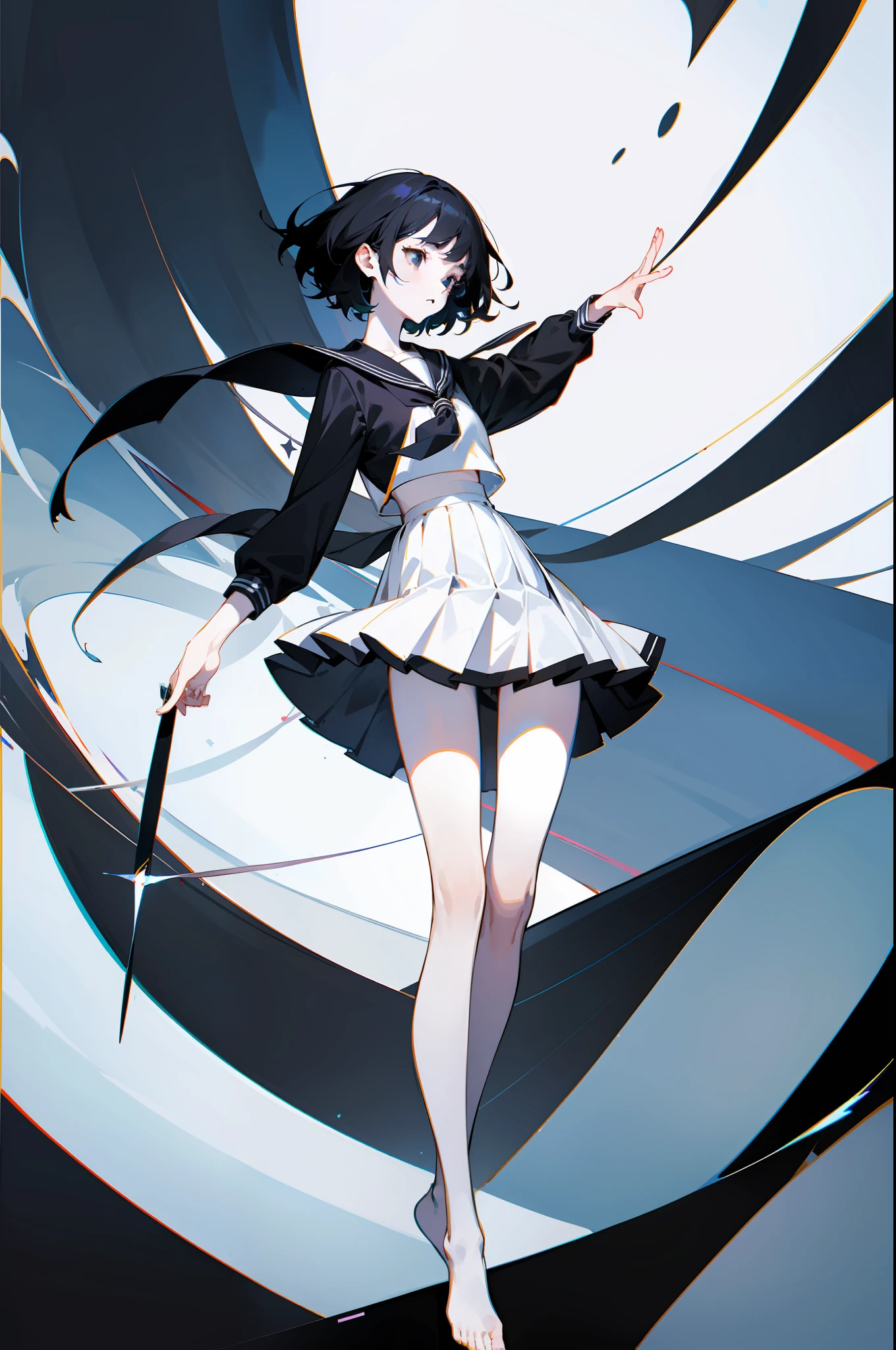 Black hair, short detailed hair, a sailor suit, a black pleated skirt, Bare legged,bare-legged, A teenage girl, Completely black eyes, luminosity, Dark décor, Pale skin, floating in air, Standing drawings of characters, quadratic element, 8K, Super detail