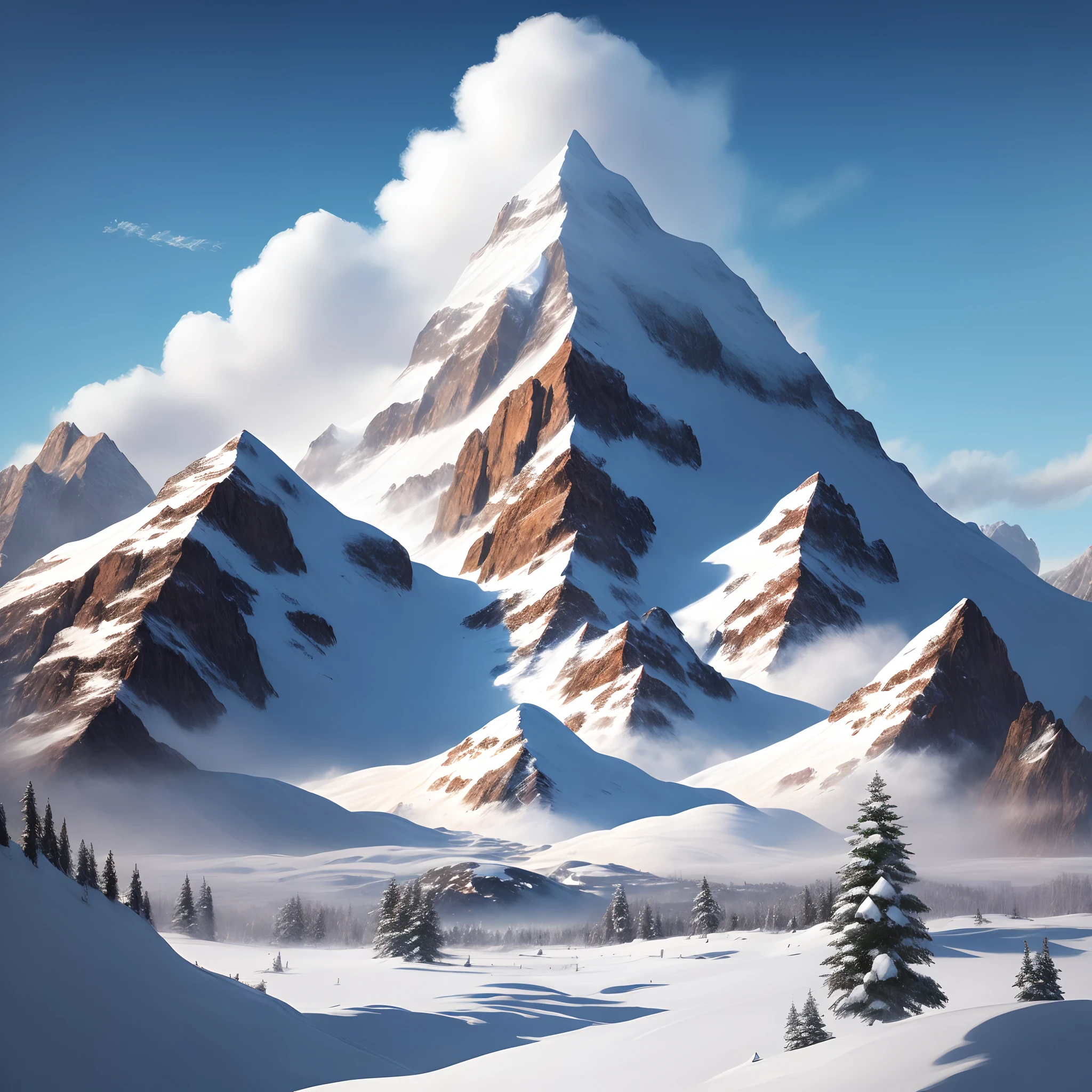 A fantansy mountain, covered in snow, waning light, bluesky, reinassance painting, highy detailed, intrincate, 8k