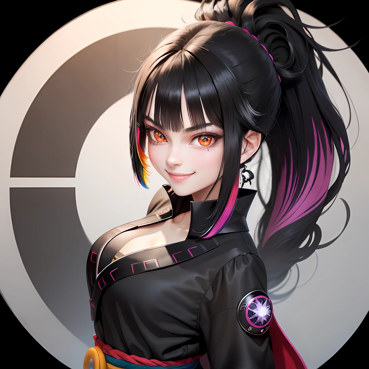 black hair, black hair, ponytail, straight hair, big hair, multicolored eyes, smile, smiley, seductive smile, smirk, doyagao, fang, Surrealism, Surrealism, high detail, anime style, from above, 8k, super detail, 1080P