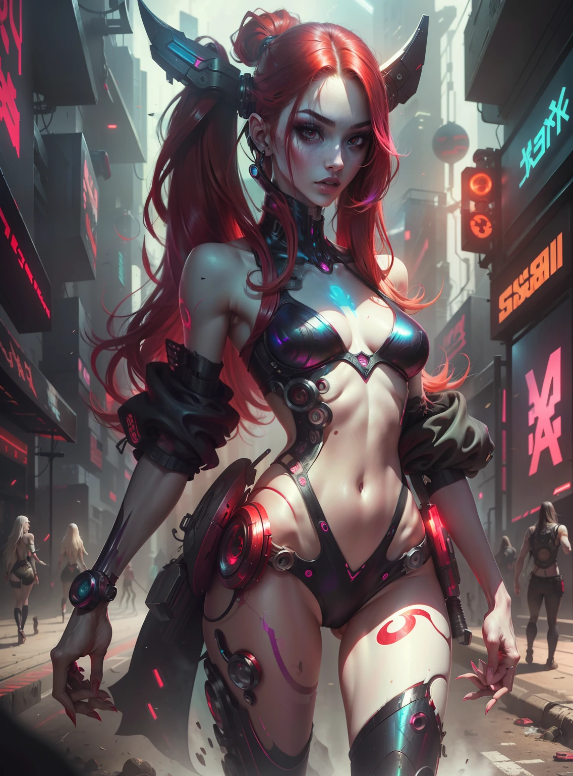 Masterpiece, Best Quality, Girls , Slender, red Eyes, Hair Color, Iridescent, Long Hair Spreading, cyberpunk guns White Skin, Medium, Cute, Sexy, Bikini, Exposed Skin, Night, Psychedelic, Trip, Extreme Color, Paisley Theme, Legs, , Full Body