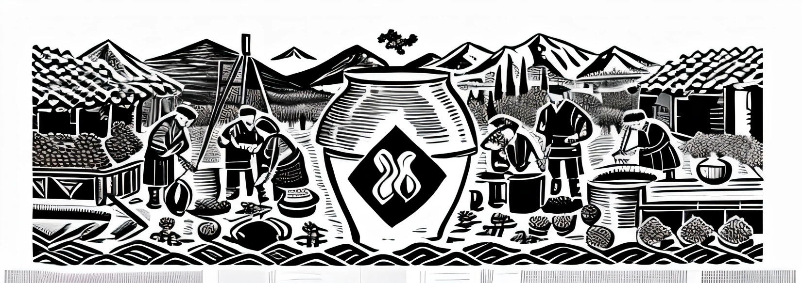 Black and white painting of a group of people making wine, The bottom is moire，There are mountains and waters，There is a wine jug in the middle