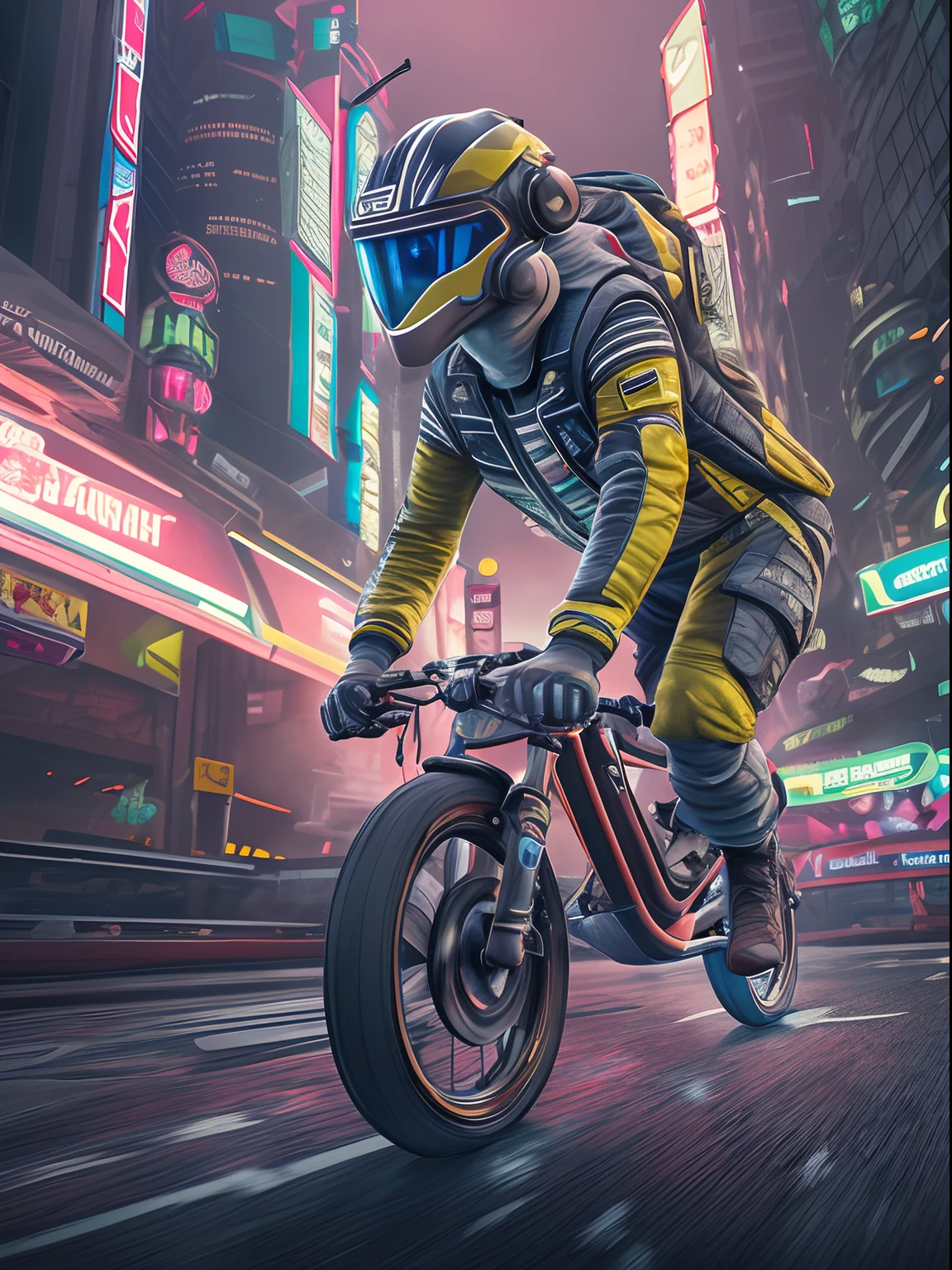 science fiction world,A wolf is racing, in a jacket and helmet, very fast,Cyberpunk city,Mike Campau,Surrealism,ultra wide shot,Low Angle Shot,Soft illumination,Cyberpunk light,imulator,High shutter speed,Wide-angle view,wide angle,Cyberpunk,Strong visual impact, strong perspective ,epic detail, realistic rendering, 3 d rendering, oc rendering,clean shadows, --ar 3:4 --s 750 --v 5.1 --auto --s2