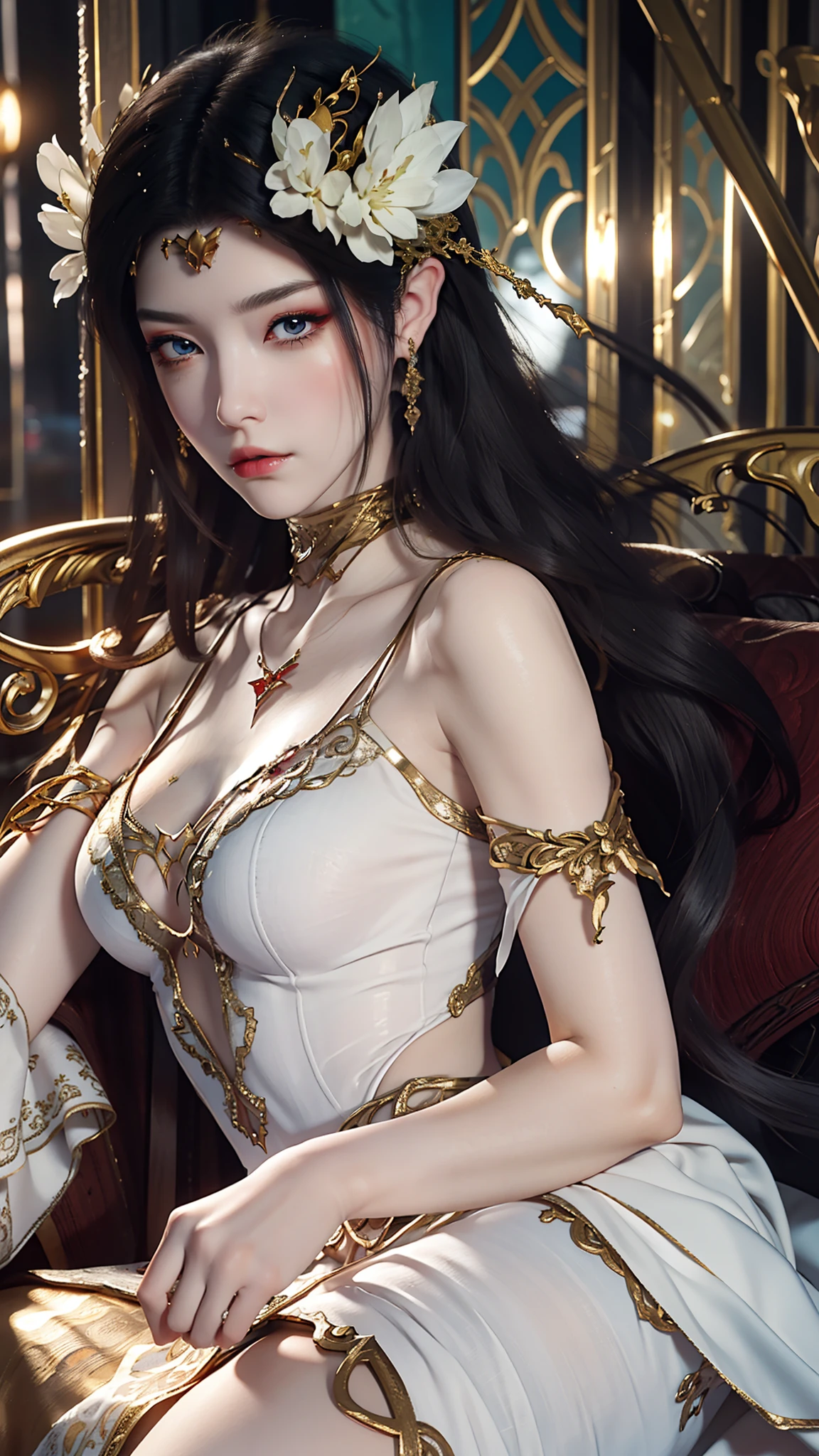 tmasterpiece，Best picture quality，HD 8K wallpaper，Beautiful picture，Elegant single woman，Round dress，Shiny eyes，Detail at its best，An exquisite masterpiece，Pure beauty and lightness，Moderately aesthetic，Gentle and elegant，Attention to detail，Cyan white lace round princess dress，Immortal