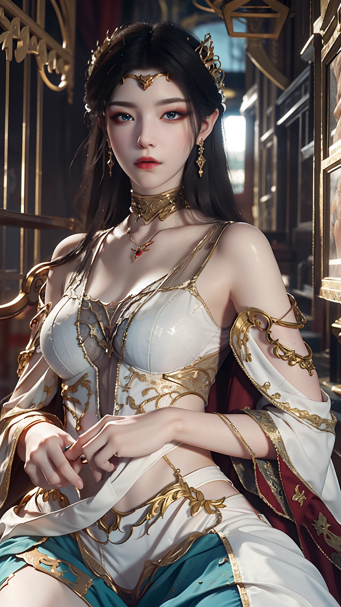 tmasterpiece,Best picture quality,HD 8K wallpaper,Beautiful picture,Elegant single woman,Round dress,Shiny eyes,Detail at its best,An exquisite masterpiece,Pure beauty and lightness,Moderately aesthetic,Gentle and elegant,Attention to detail,Cyan white lace round princess dress,Immortal