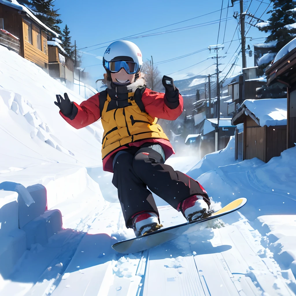 masutepiece, Best Quality, 8K_Wallpaper, (Beautiful eyes), ((There is a lift on the left)), Cute, (Yellow Wear、Outerwear is blue、Red pants),1girl in,small tits,1 schoolgirl、Smile,()、(((There is snow piled up higher than the head)))、Ski resort on a sunny day、snow board、(((A girl is snowboarding down a slope)))(((Wear a snowboard)))、